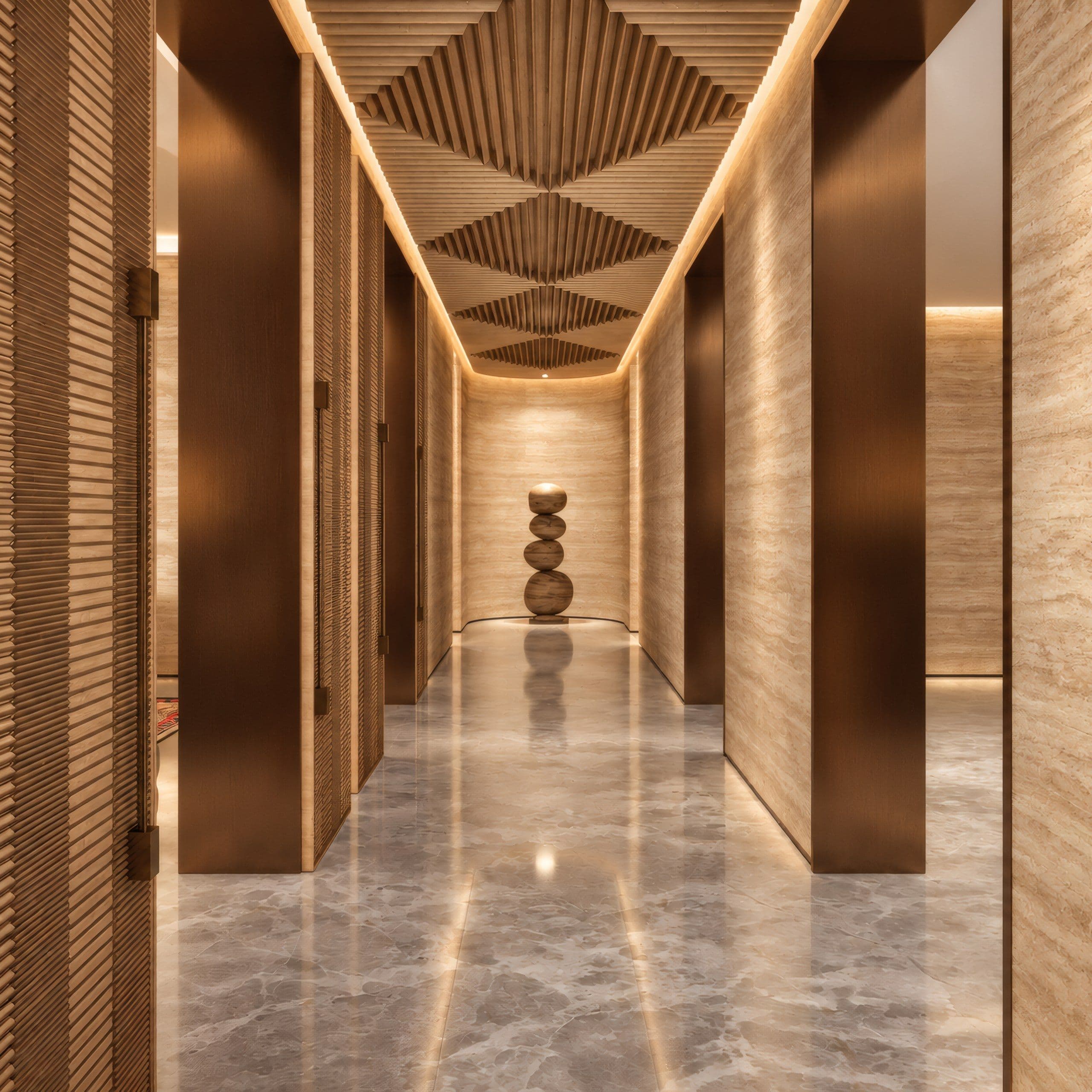 Corridor in travertine with fluted timber piers and a patterned timber ceiling