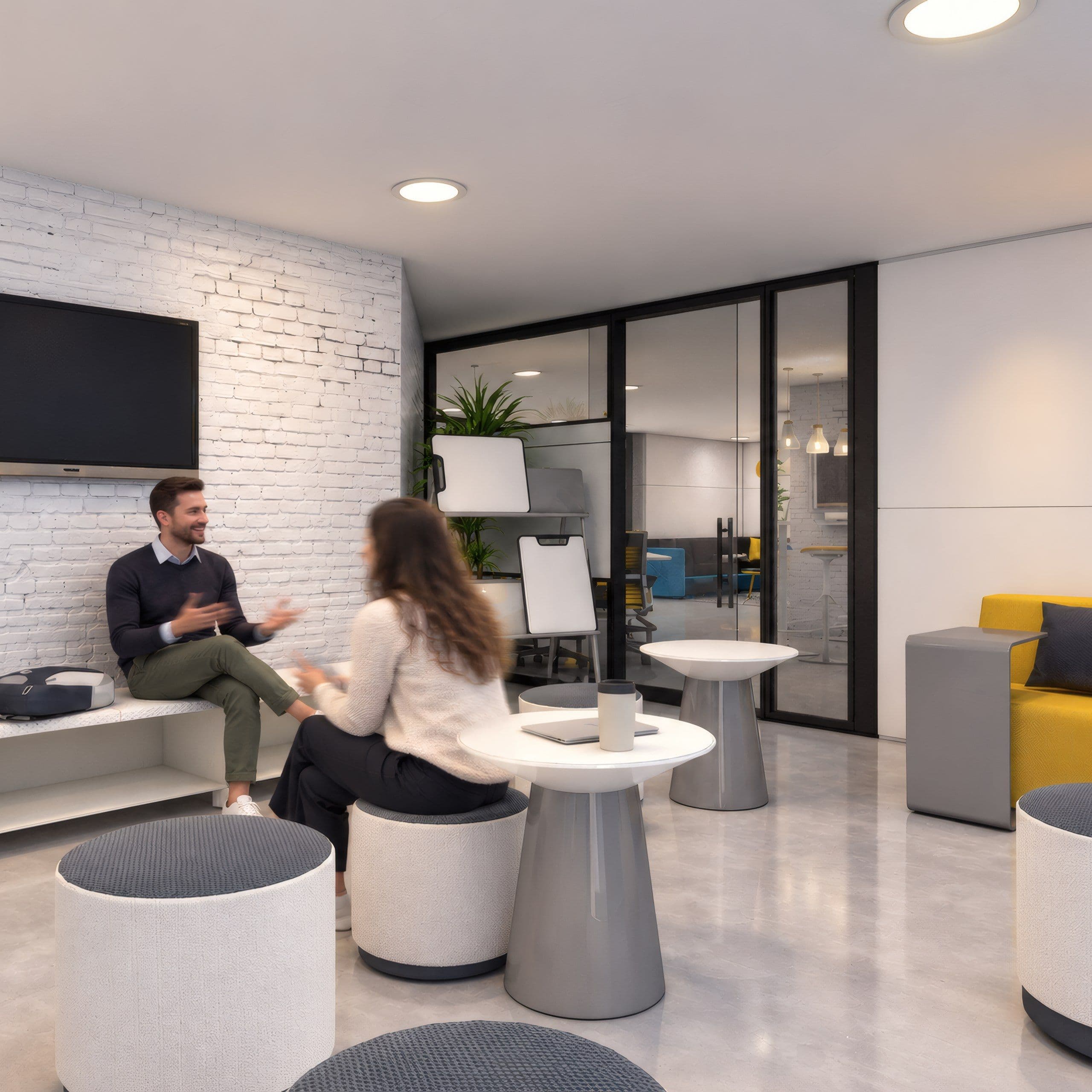Breakout seating with round stools, a white brick wall and a wall mounted screen