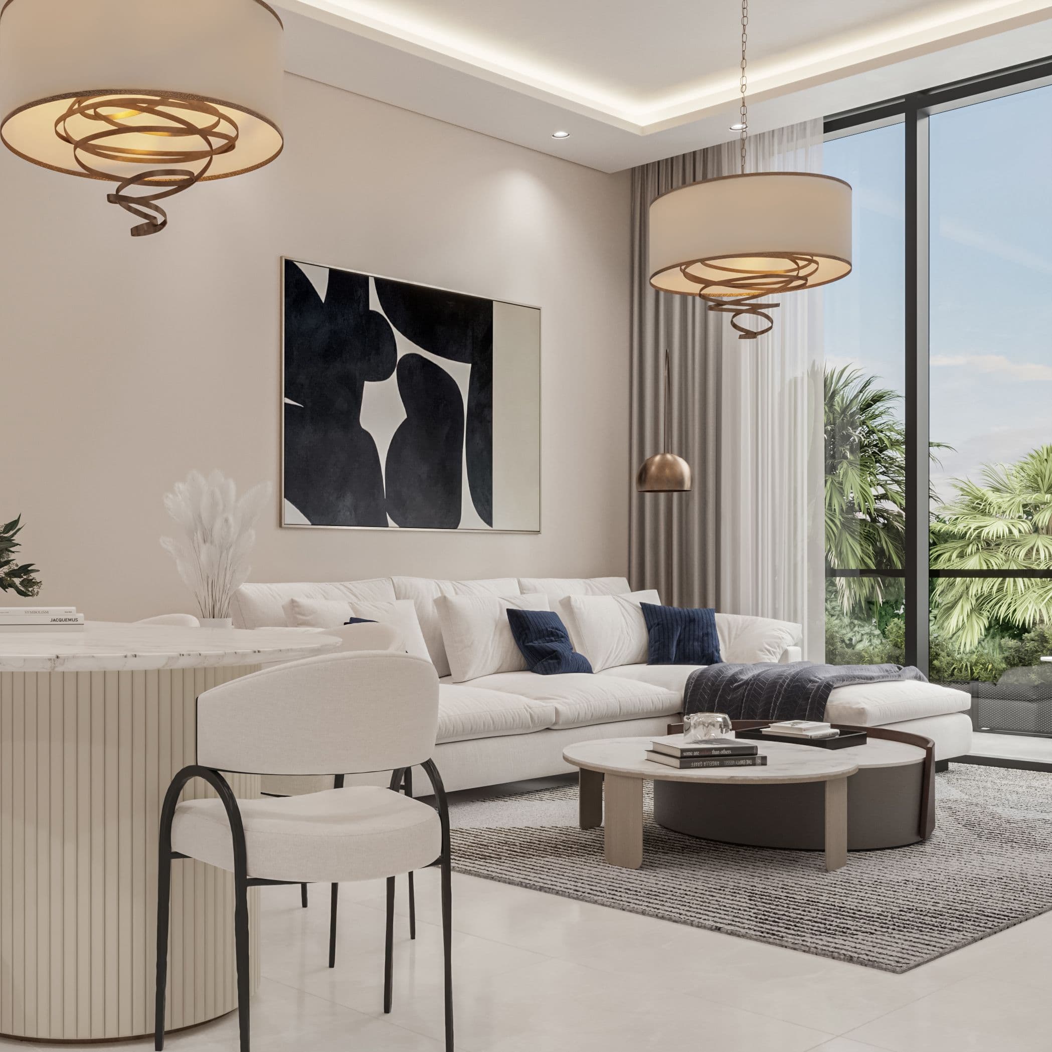 Apartment living room with a cream sofa, a ring pendant and glazing onto greenery