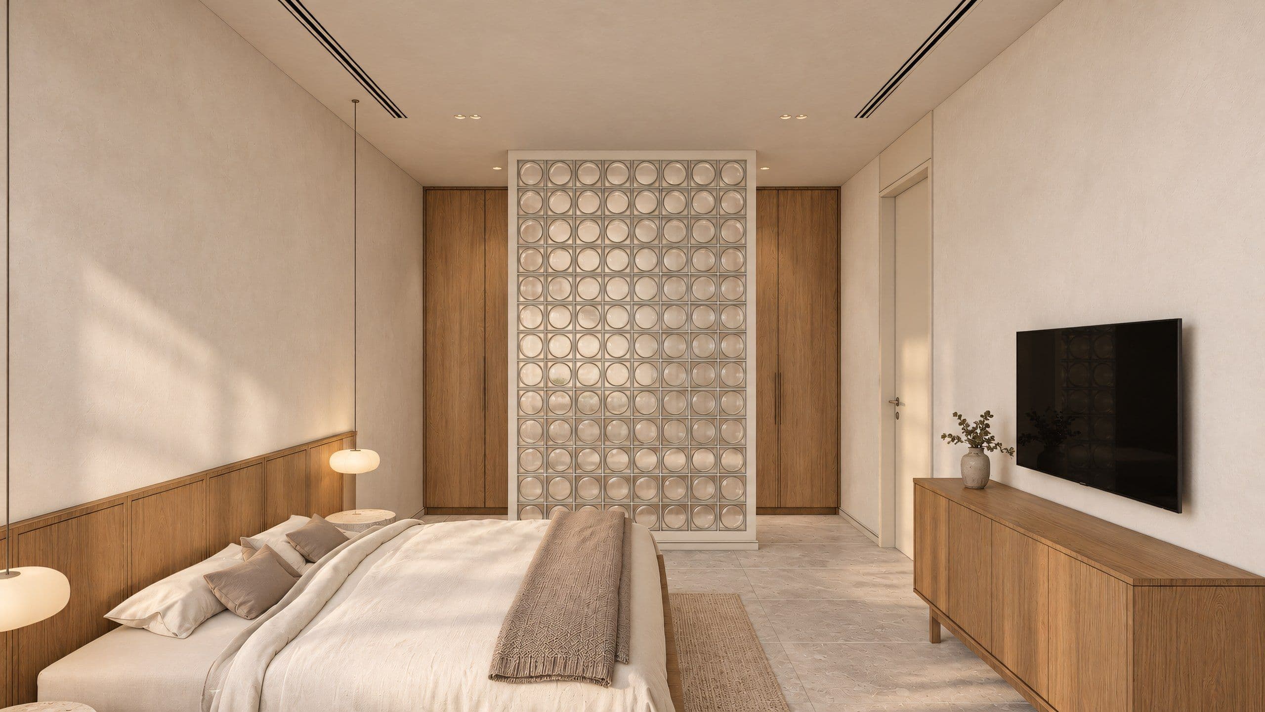 Bedroom with an oak headboard wall, a glass block screen and a low sideboard
