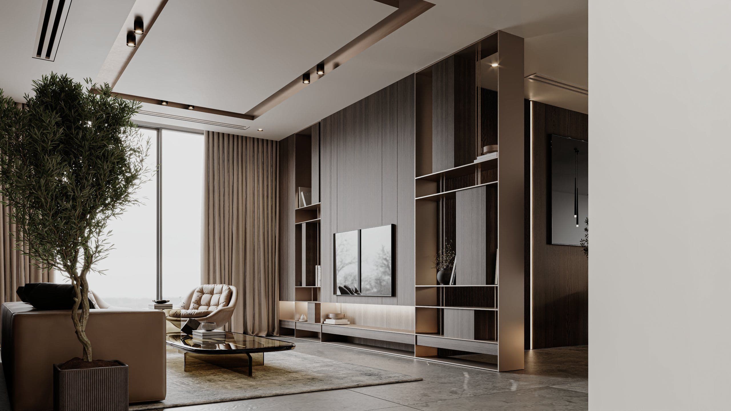 Office lounge with an olive tree, full height curtains, fitted shelving and lounge seating