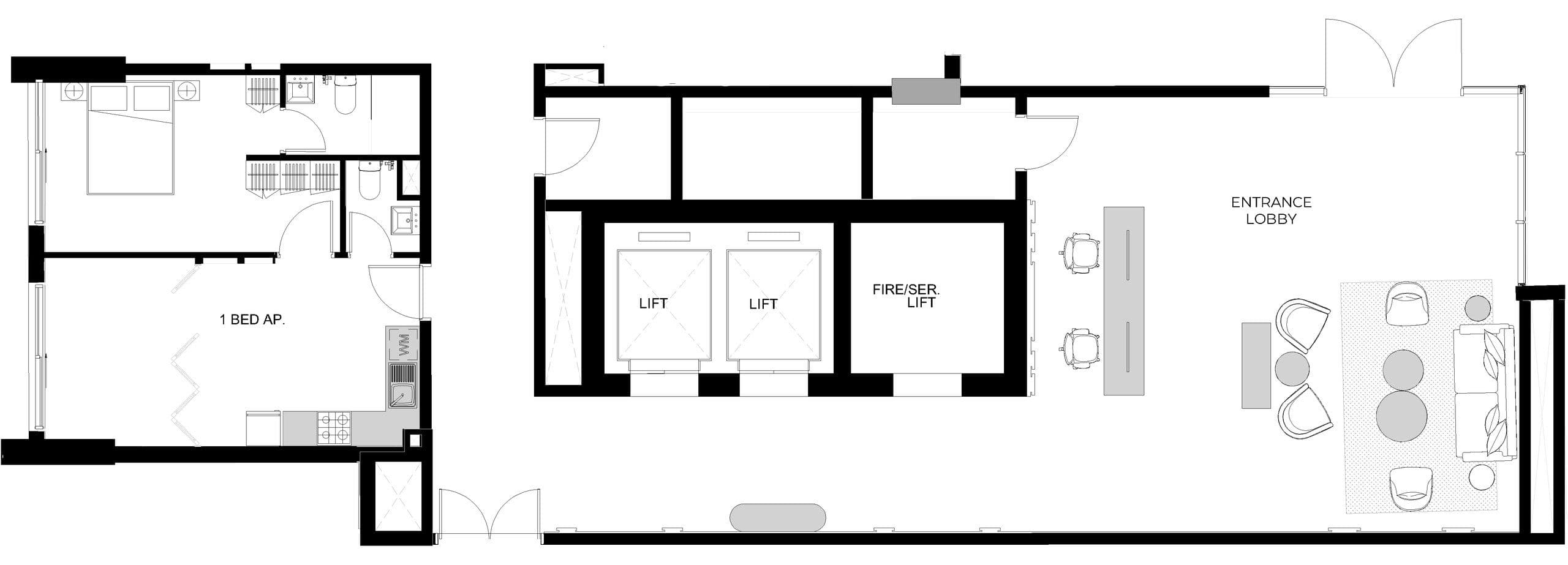 Floor plan of a one bedroom apartment and the entrance lobby at Petalz by Danube, with the lift core and fire stair