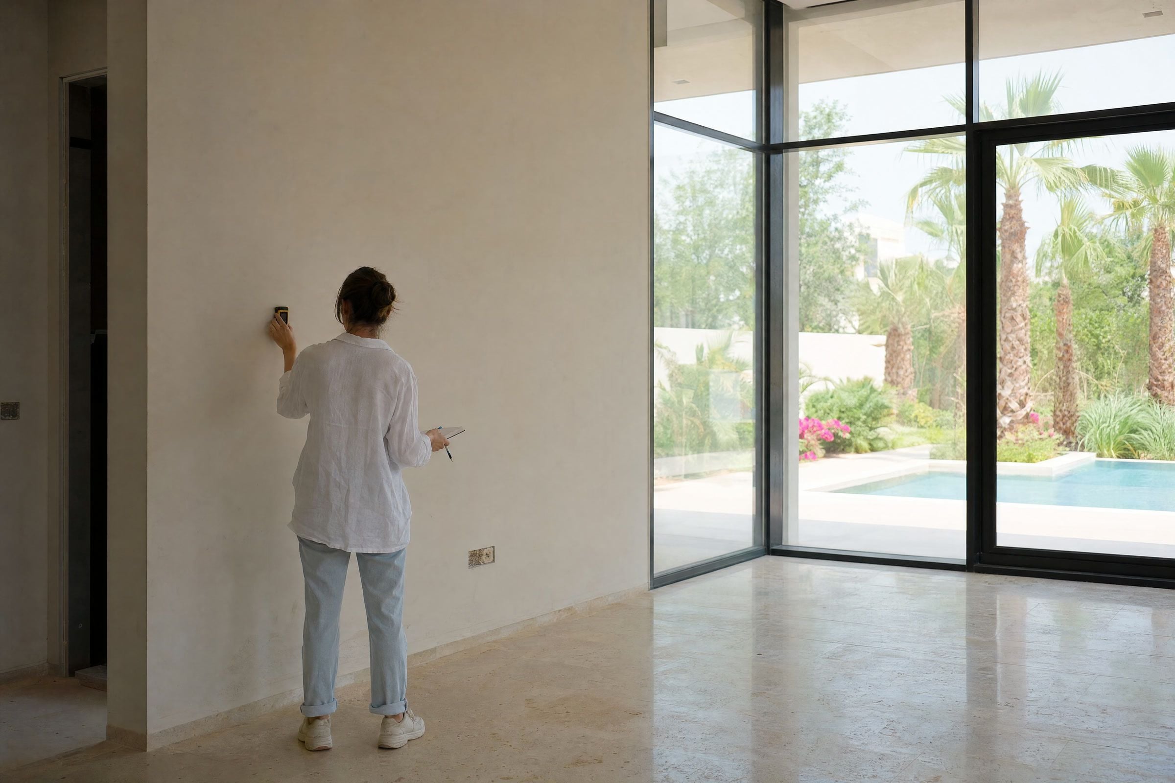 An empty Dubai villa being measured before design work, with bare walls and the garden and pool through the glazing