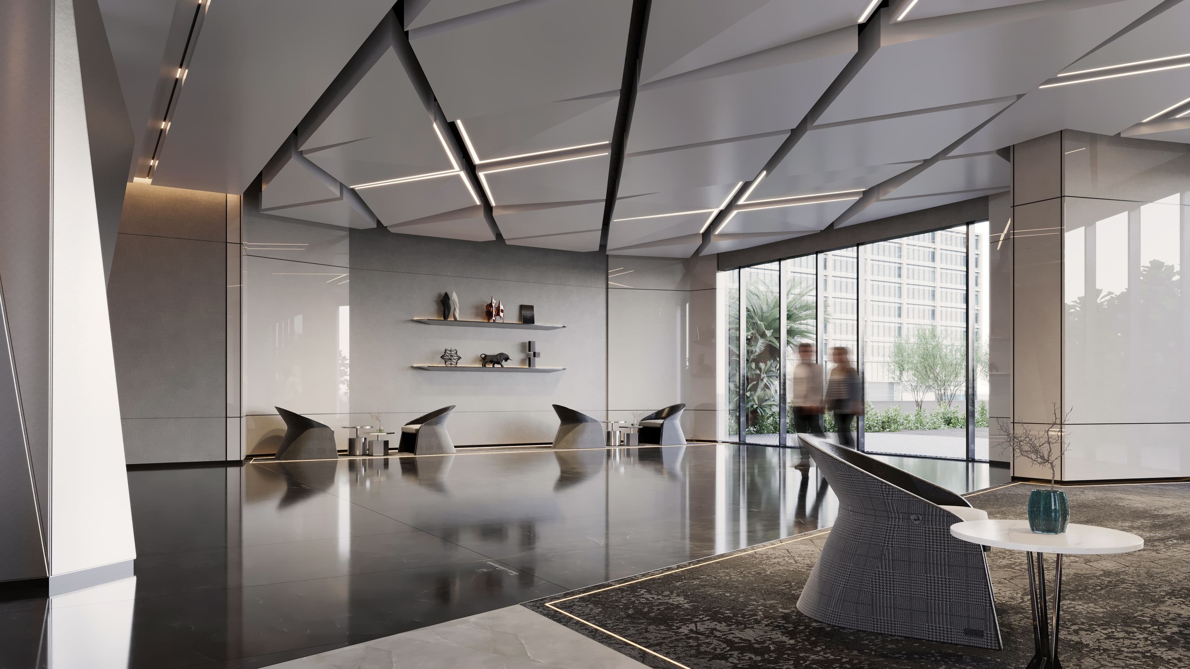 Lobby lounge with a faceted ceiling, open display shelving and seating beside full height glazing