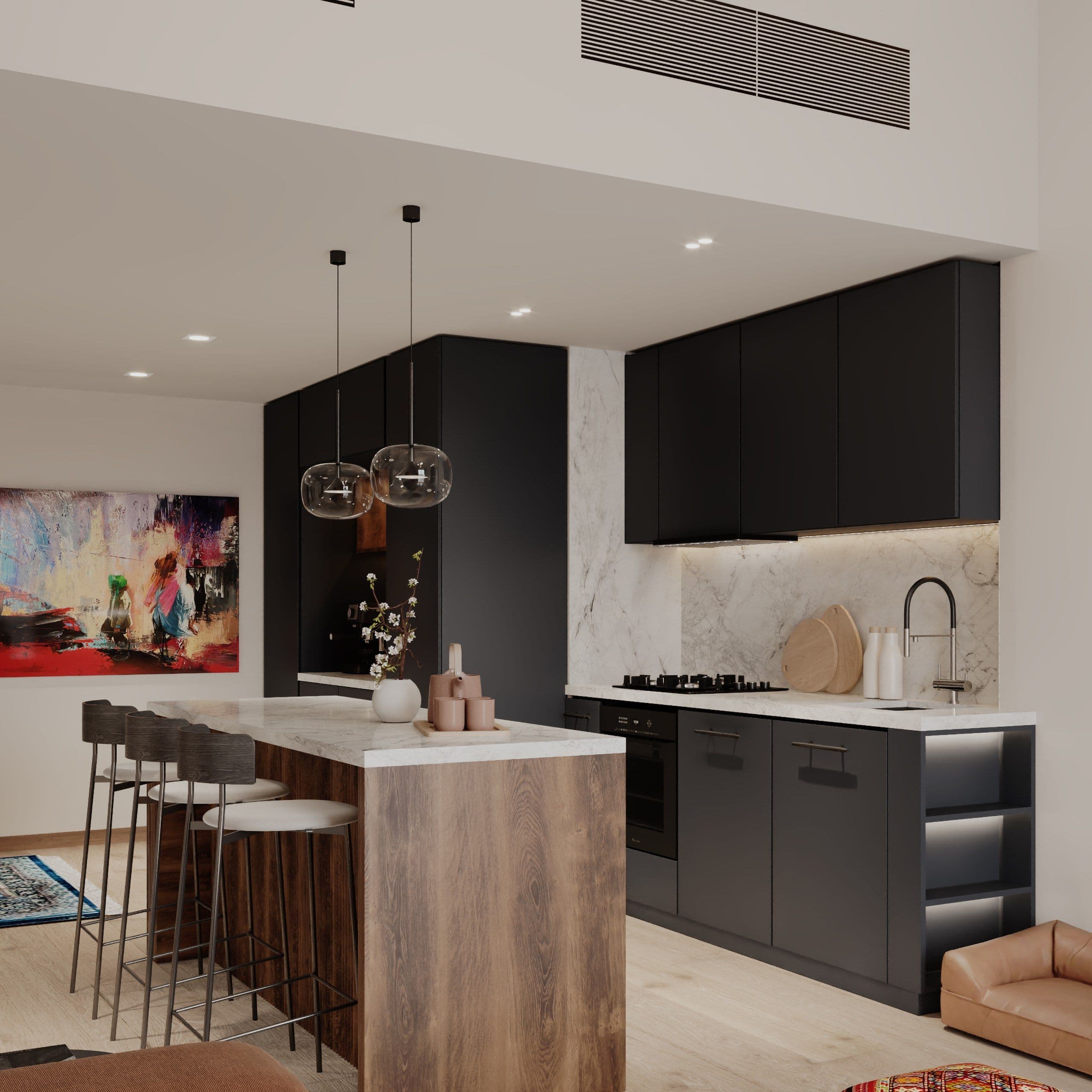 Kitchen with matt black cabinets, a timber island and bar stools