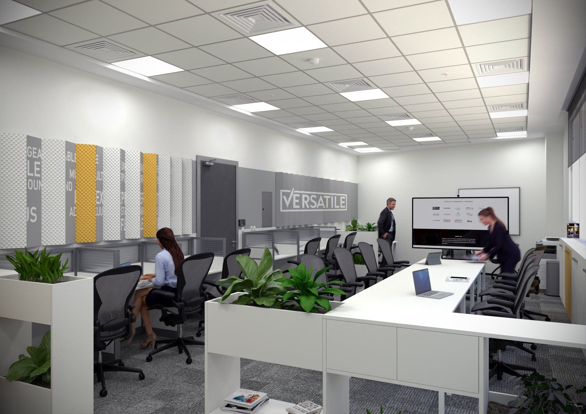 Office with a yellow fin installation, the Versatile logo, planting and mesh task chairs