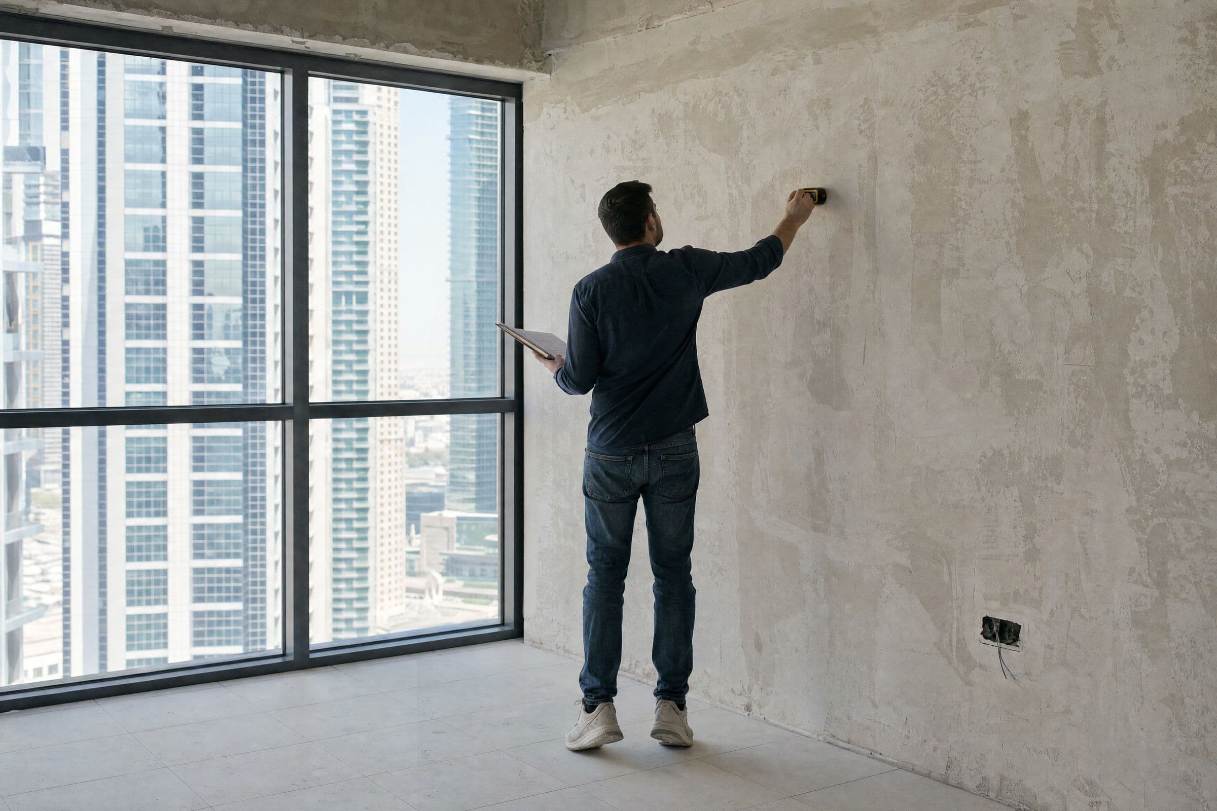 An empty Dubai apartment at handover being measured, with bare walls and towers through the glazing