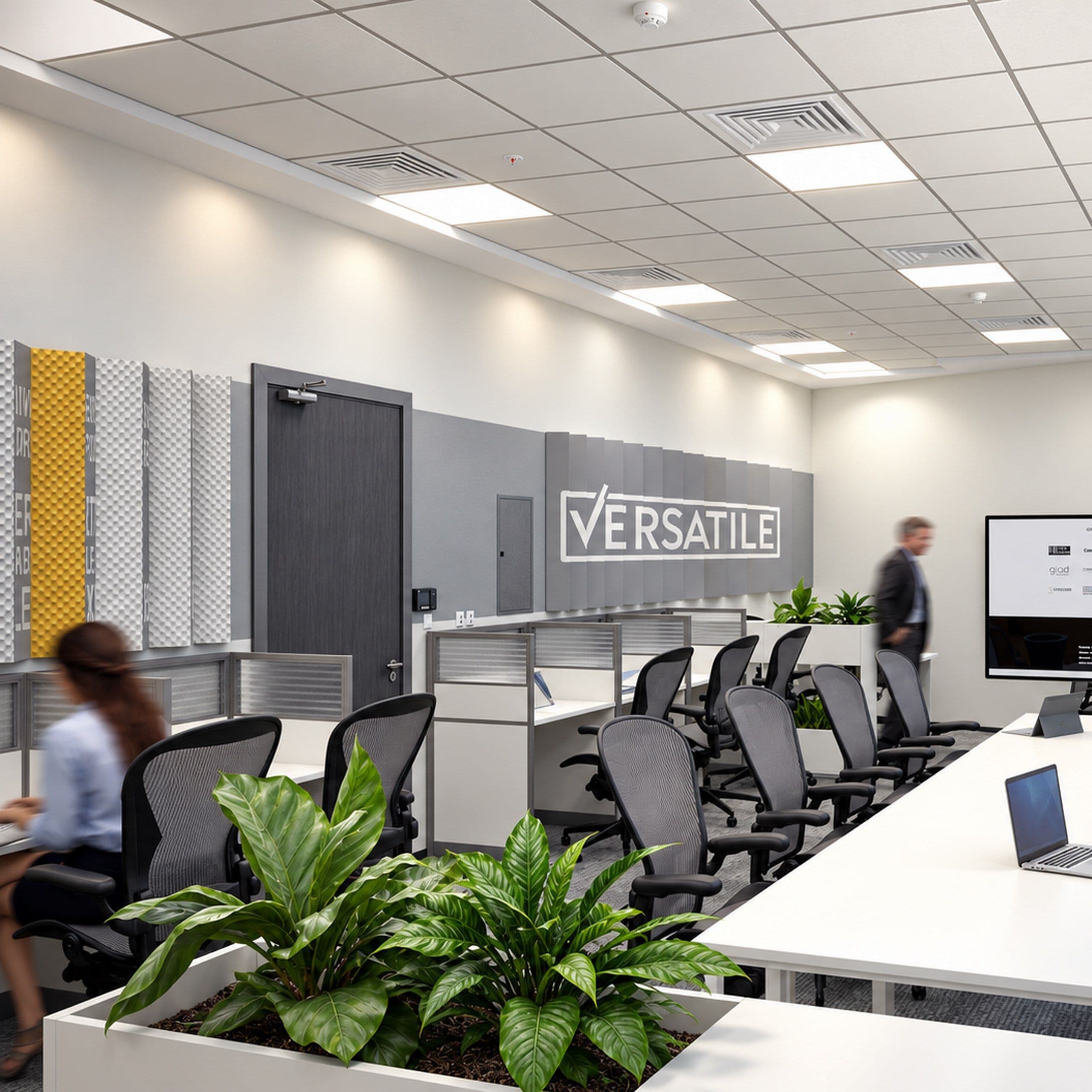 Open workspace with white desks, planters and a Versatile sign on the wall