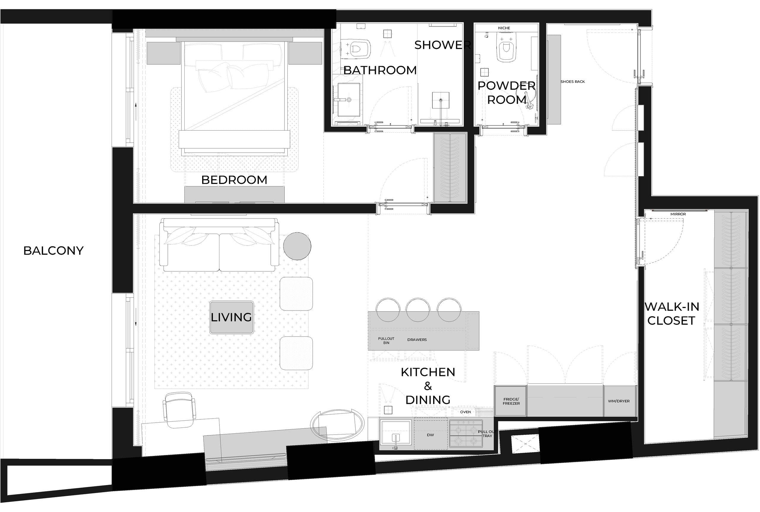 Floor plan of the one bedroom apartment at Bali Residences, with the bedroom, bathroom, living area, kitchen and walk-in closet