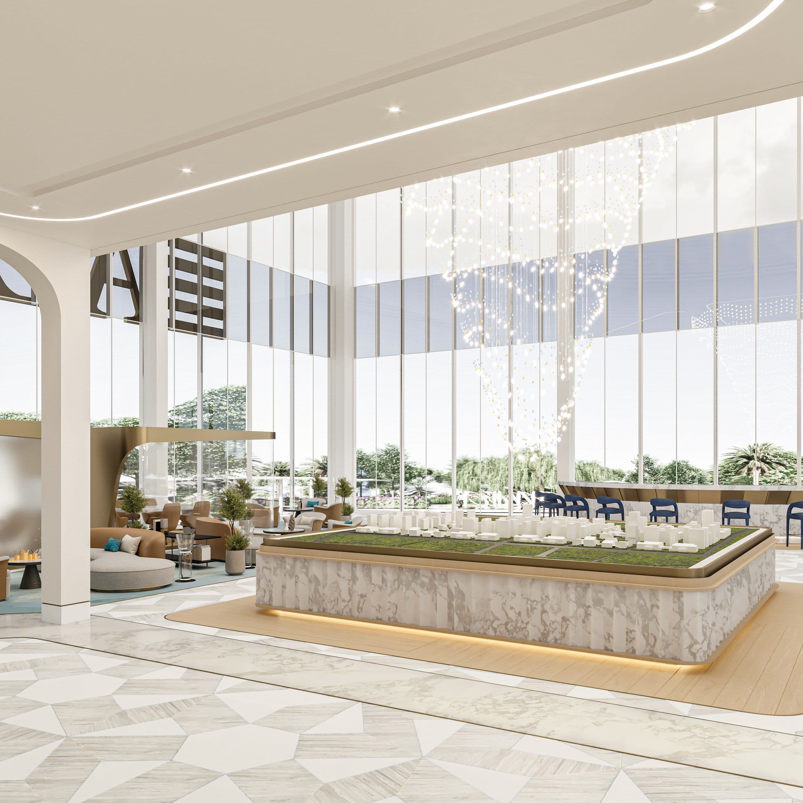 Sales floor with a model display table and seating under full height glazing