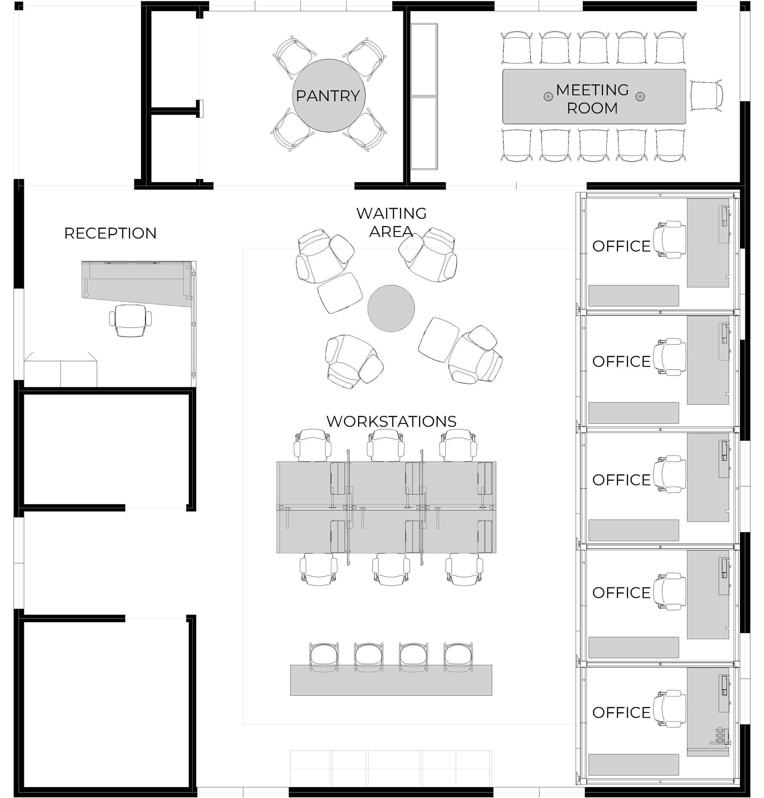 Floor plan of a Cherry Peak office building, with reception, waiting area, workstations, offices, meeting room and pantry