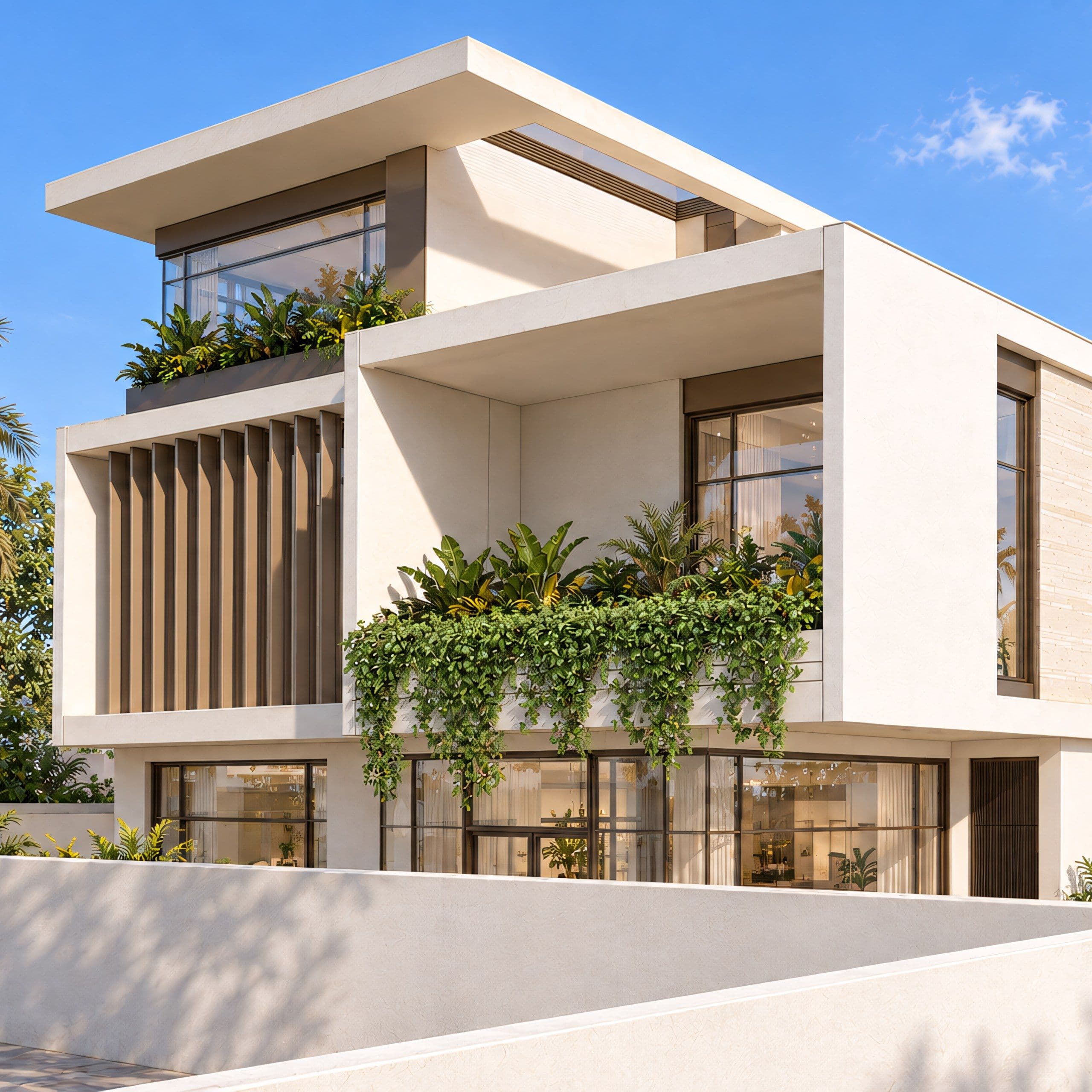 Villa with cantilevered white volumes, full height glazing and planted balconies