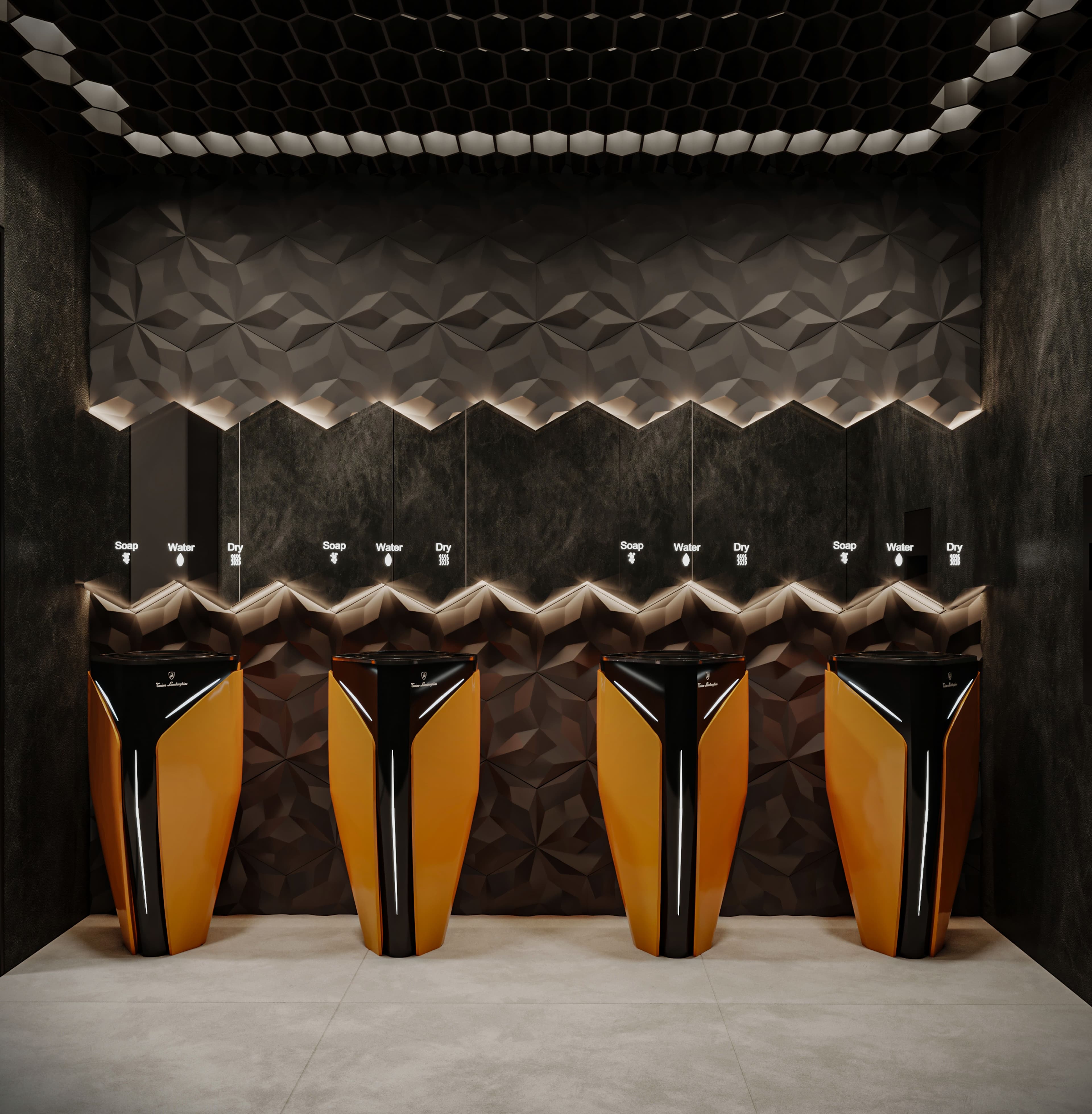 Washroom with a sculptural black and amber basin run against a faceted dark stone wall