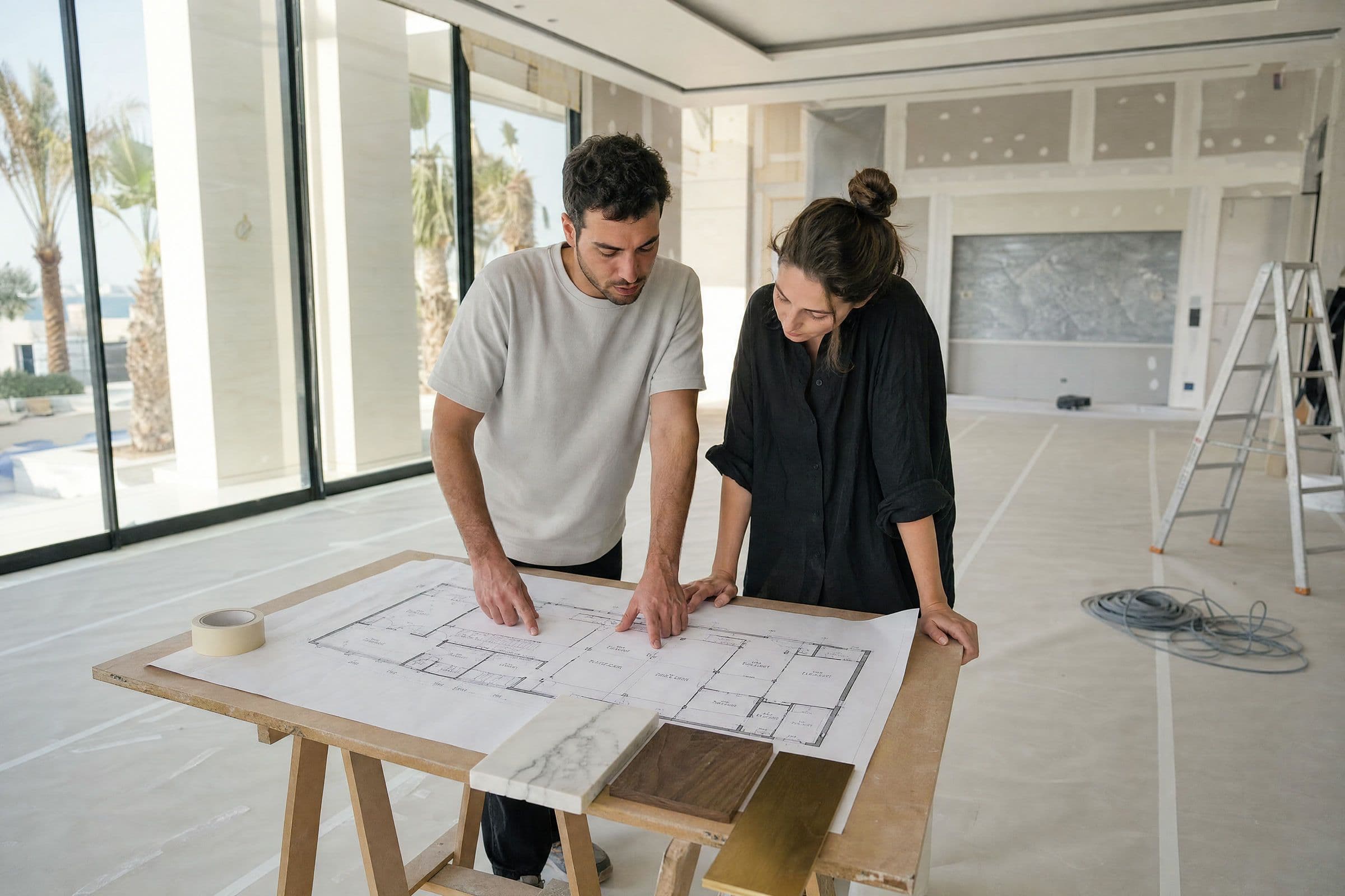 Two people checking a floor plan against a villa room in Dubai, with marble, wood and brass samples beside it