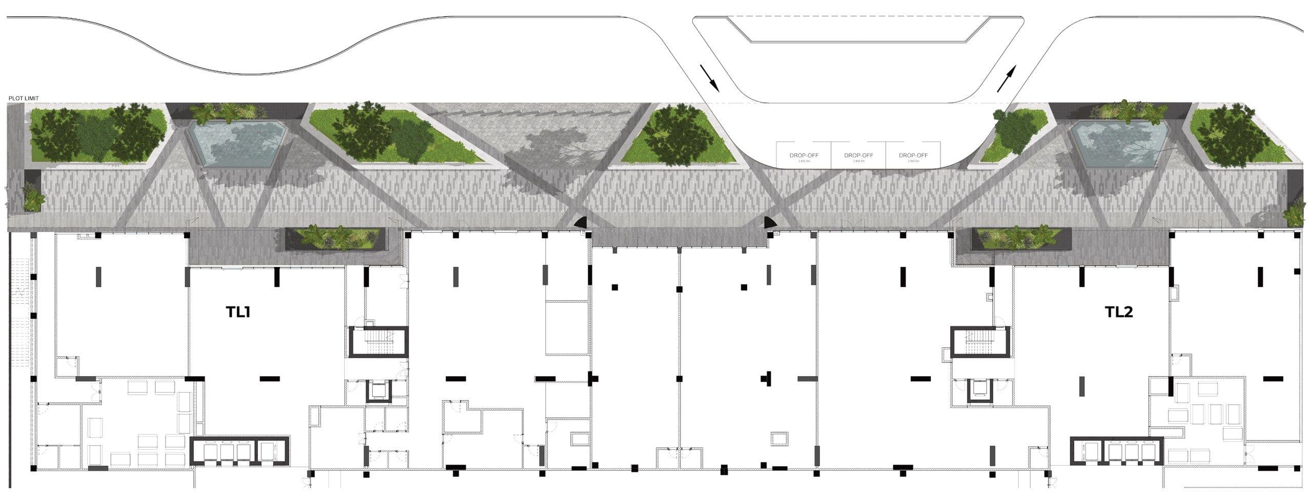Landscape plan of the podium at Tonino Lamborghini Residences, with the drop off, planting and terraces