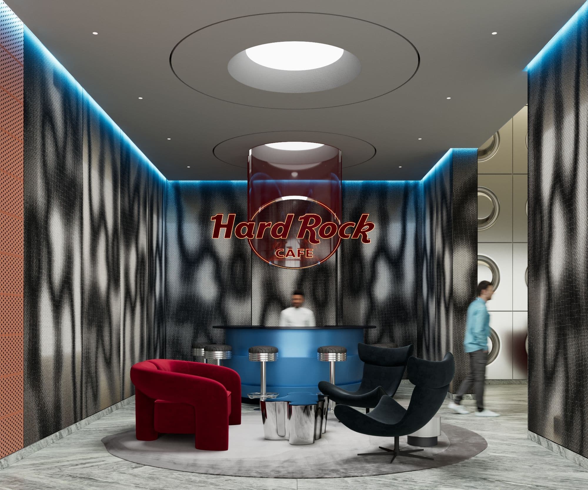 Hard Rock Cafe reception desk in blue, under a circular ceiling light and patterned walls