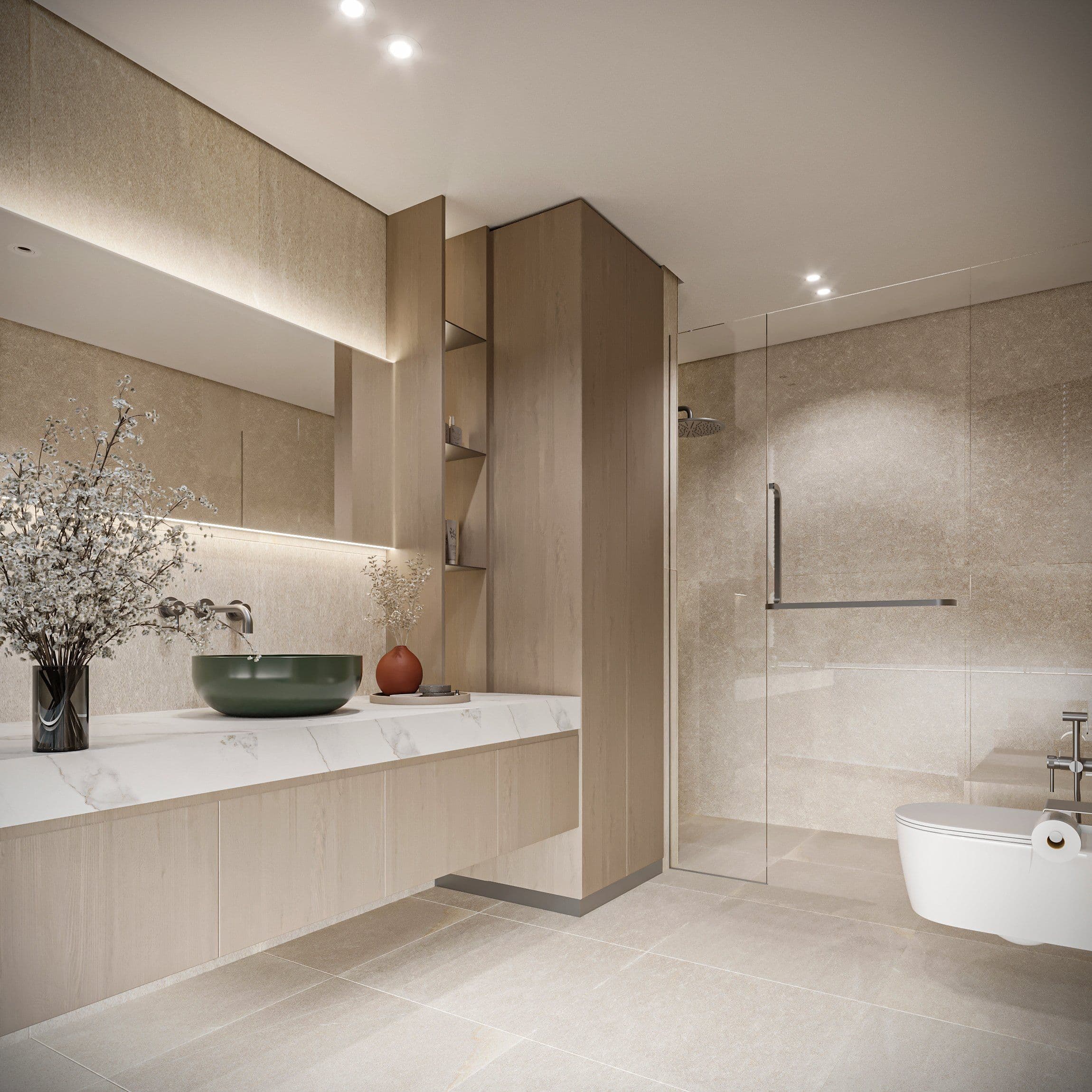 Bathroom with a vanity, a green bowl basin, a shower and a wall hung pan