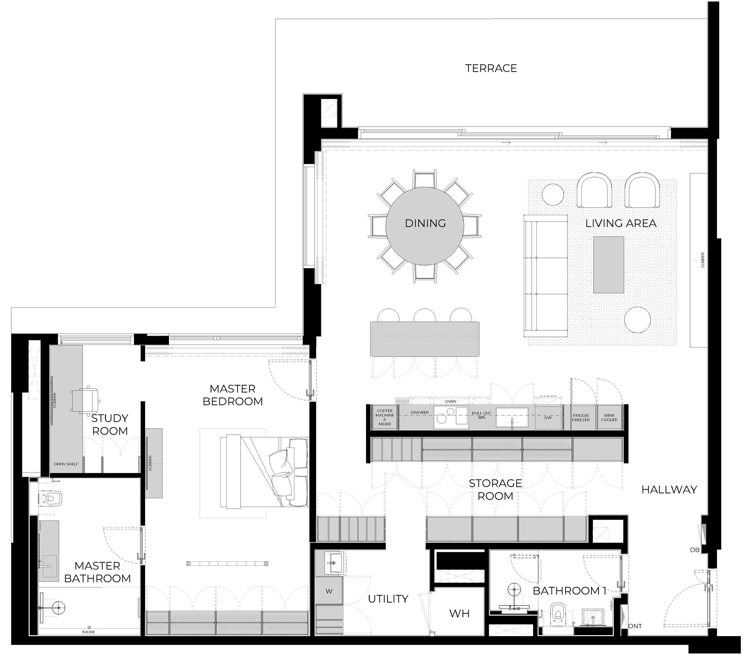Floor plan of the Seventh Heaven apartment, with the dining and living area, master bedroom, study and storage