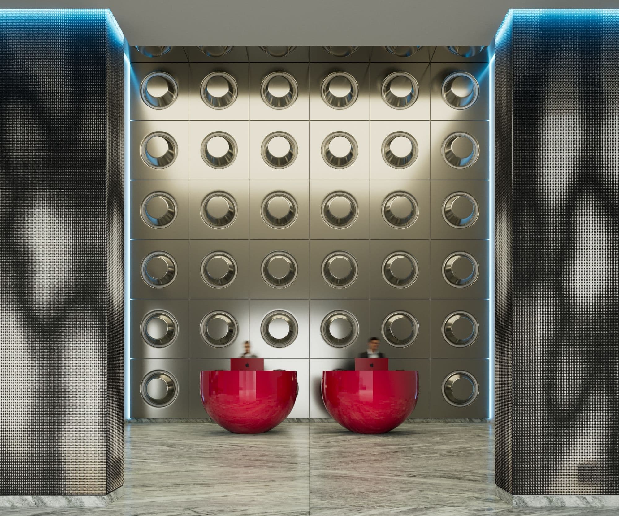 Feature wall of backlit circular recesses between patterned columns, with two red bowl chairs