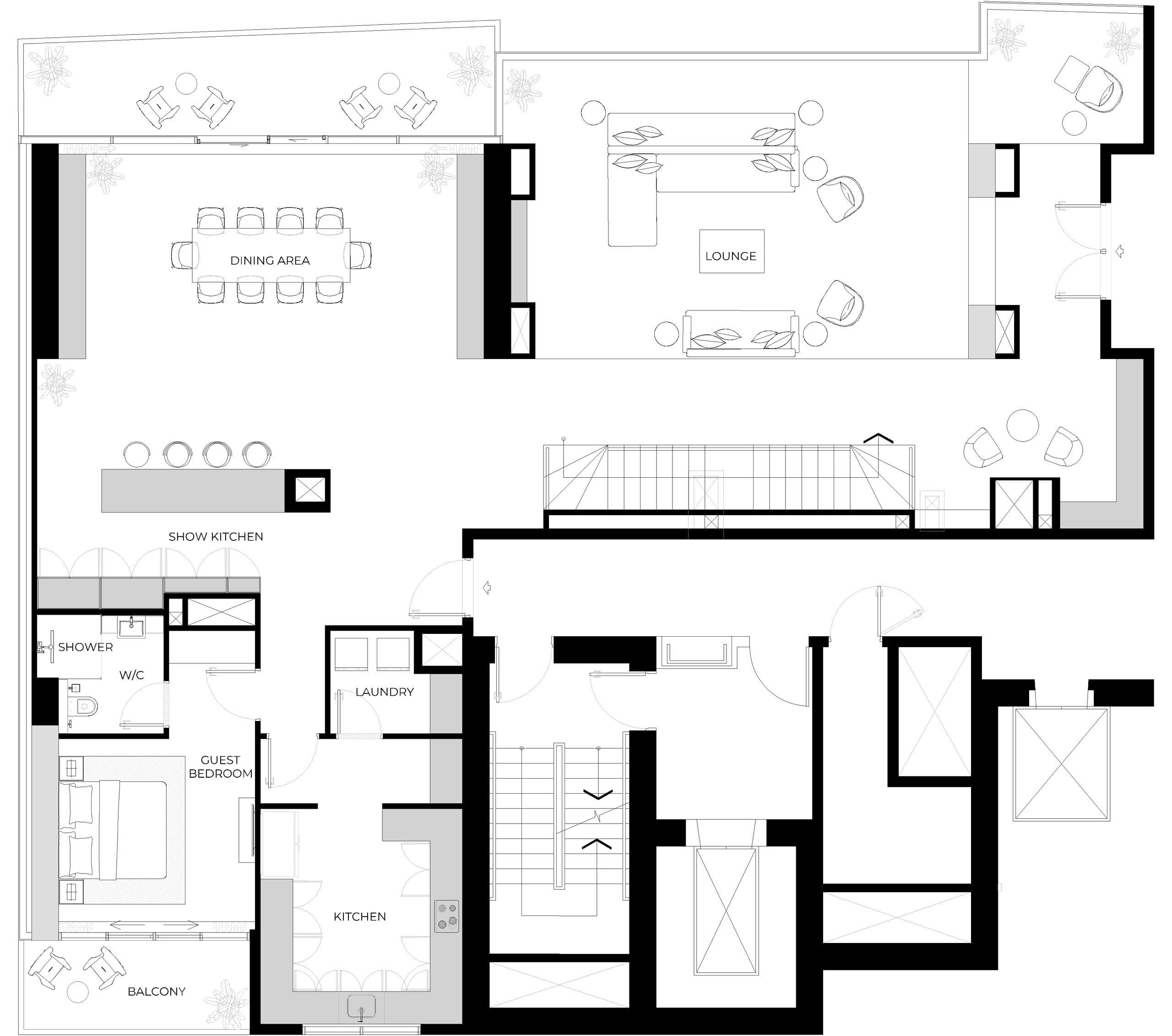 Floor plan of the Riviera Reve penthouse, showing the dining area, lounge, show kitchen, guest bedroom and laundry