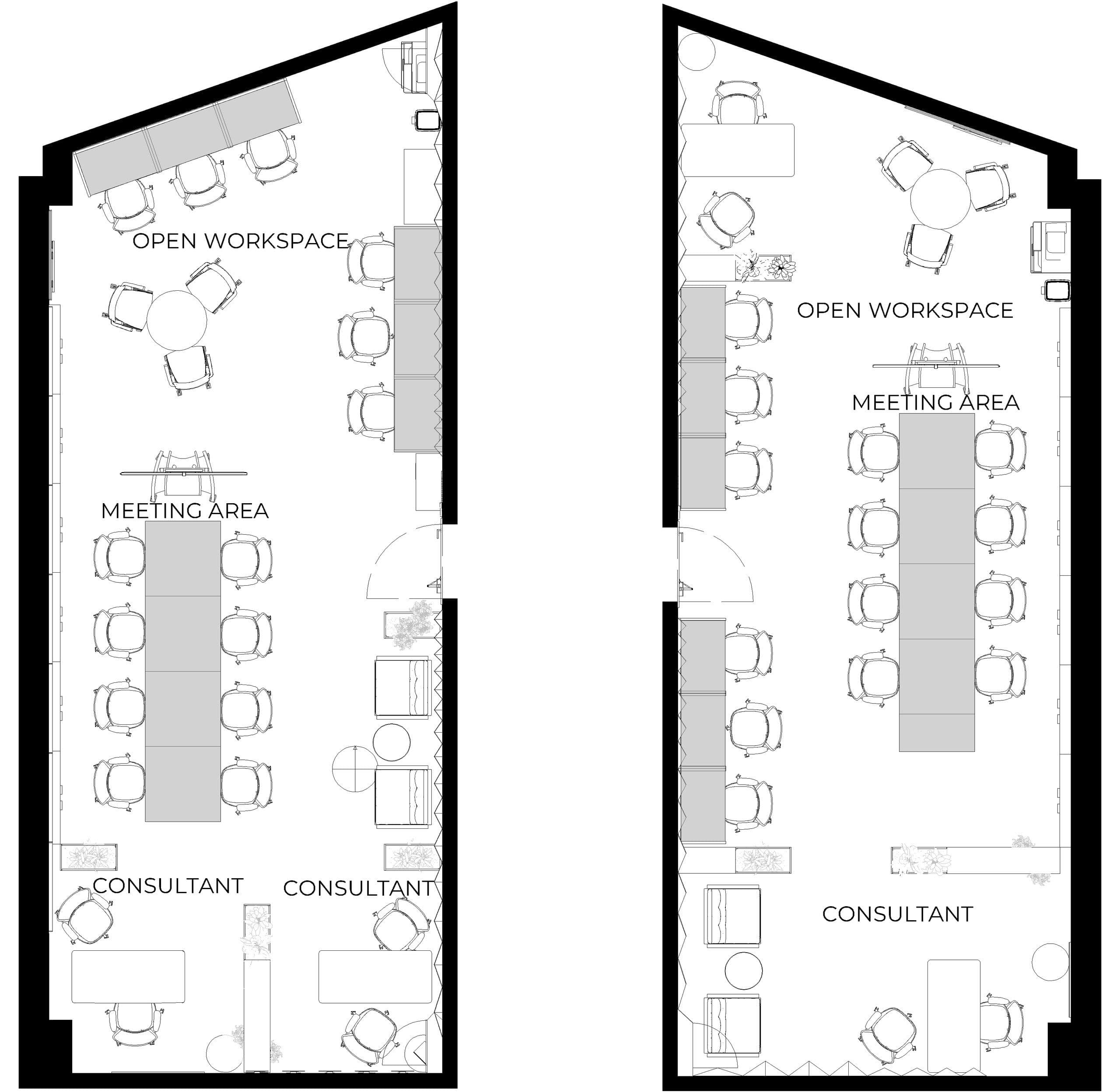 Floor plan of the Versatile Group office, with two open workspaces, meeting areas and consultant rooms