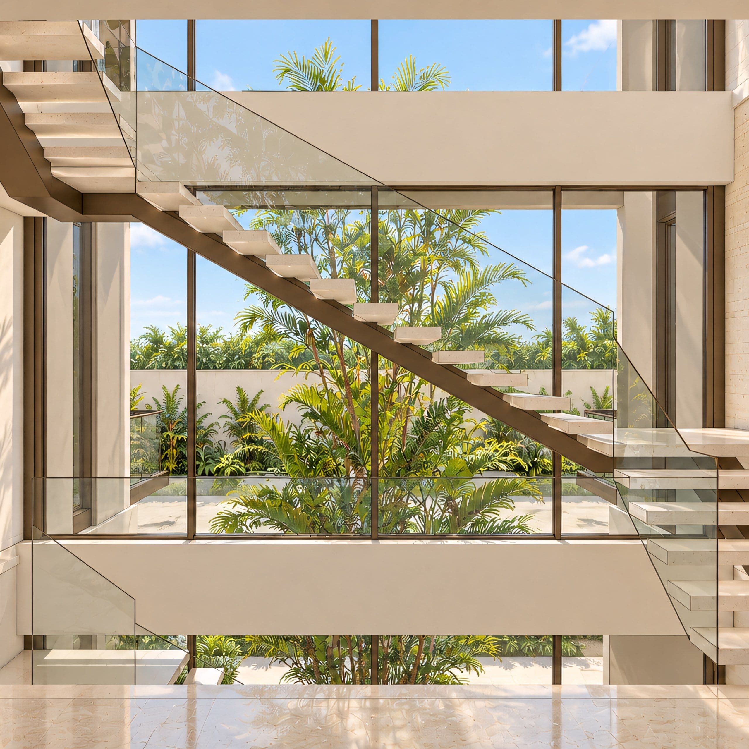 Double height stair hall with a glass balustrade and planting beyond