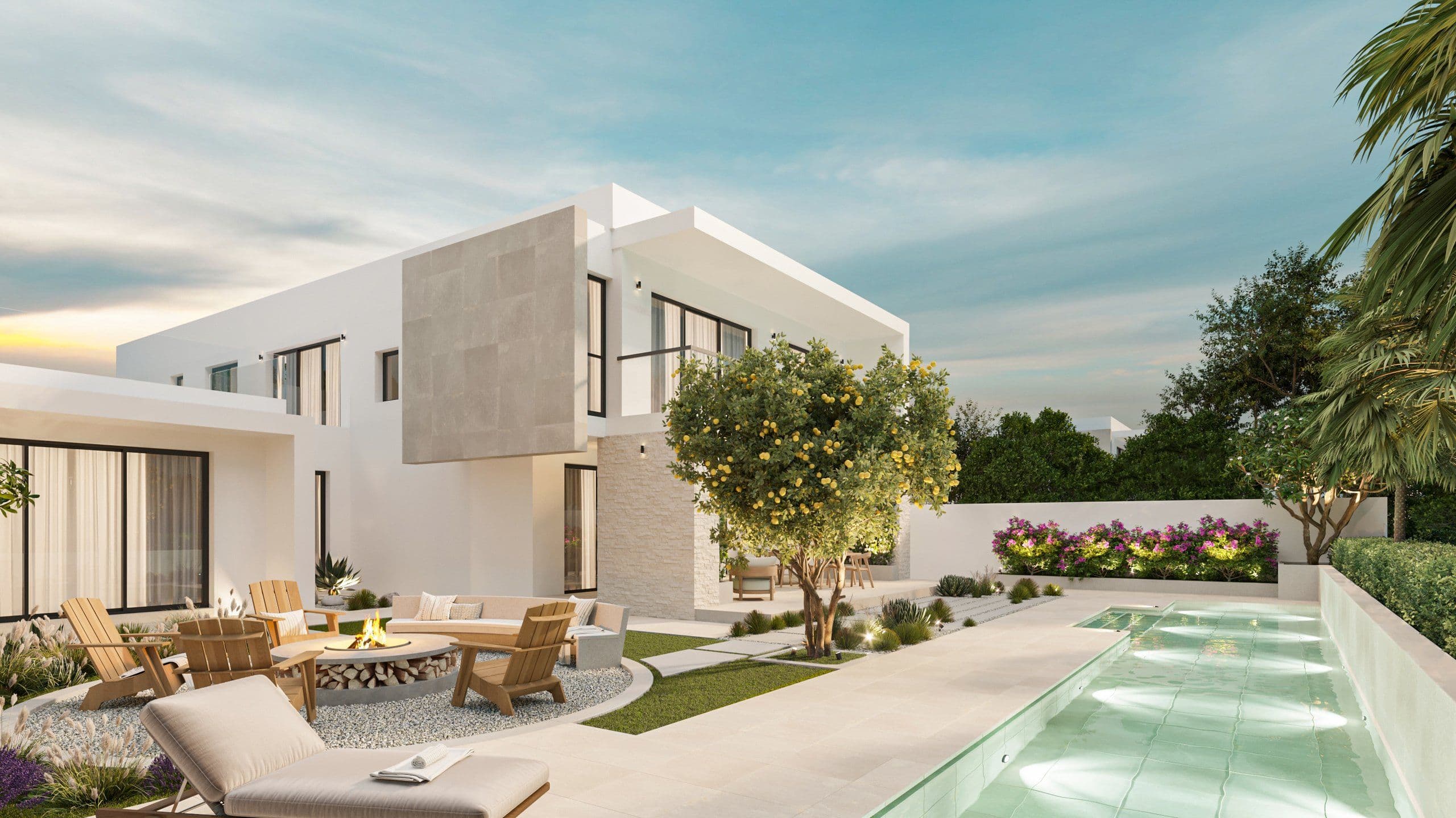 Garden terrace with lounge seating, the fire pit and the pool alongside