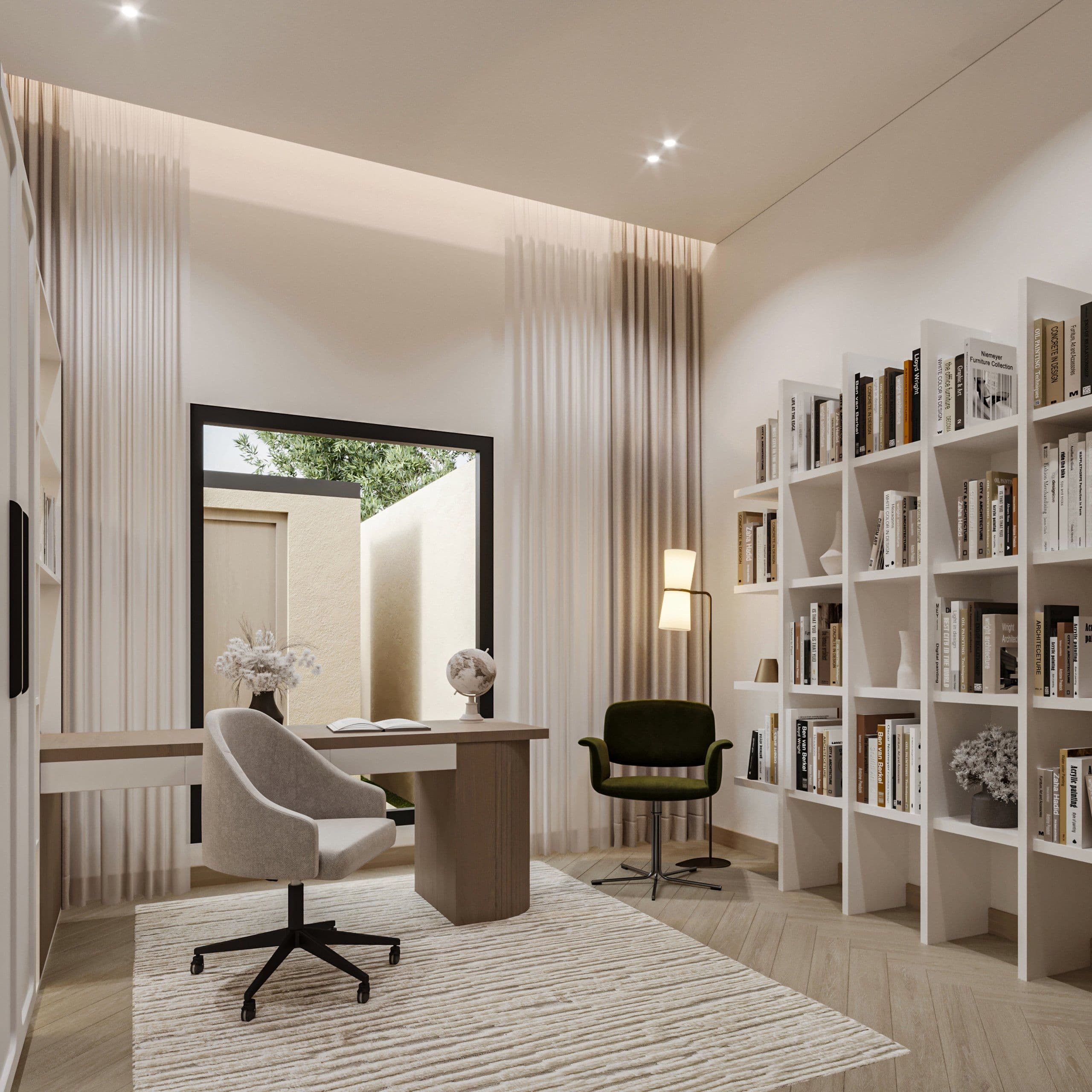 Study with bookshelves, a desk and a swivel chair