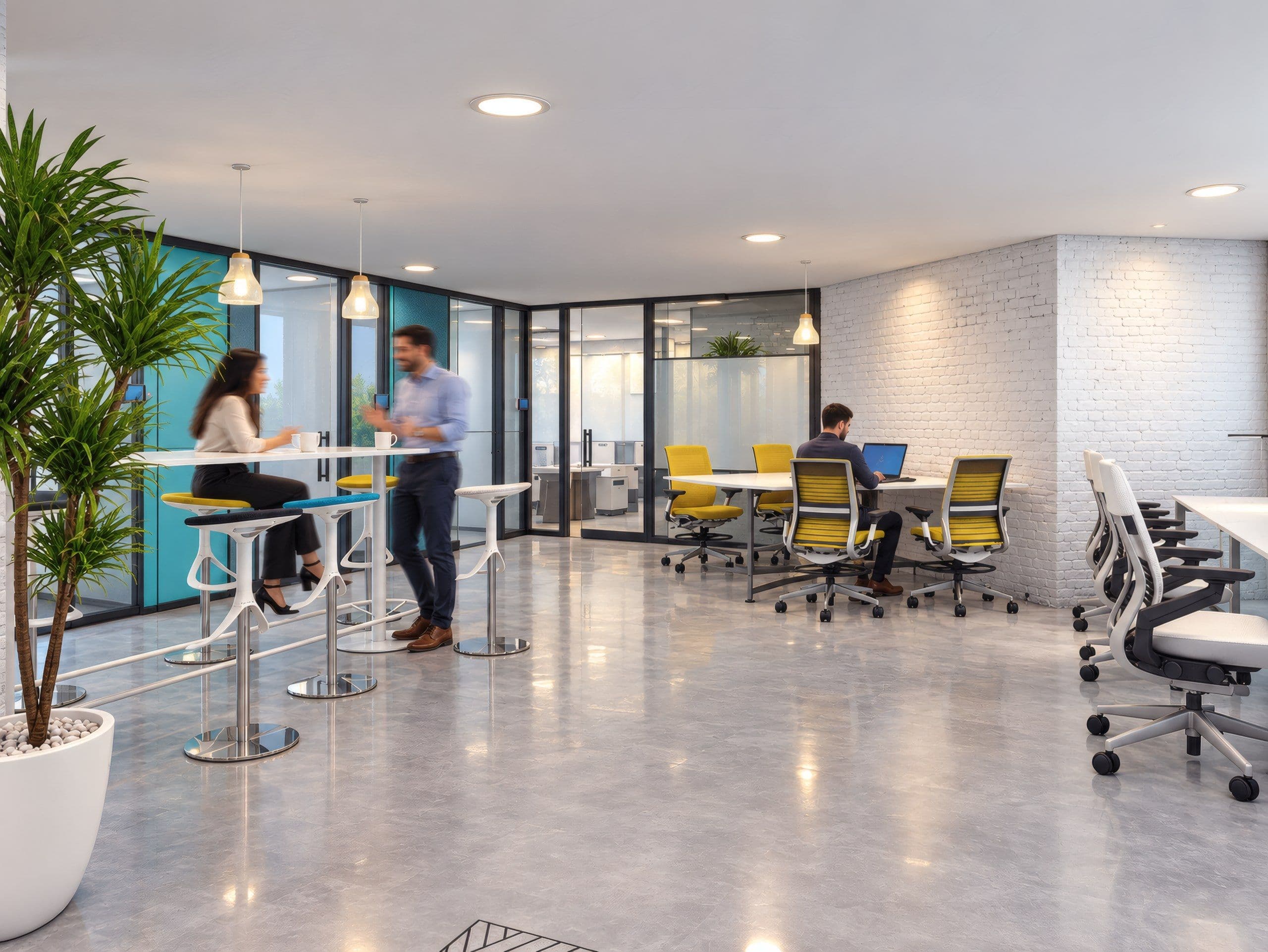 Coworking floor with high tables, planting and glazed offices