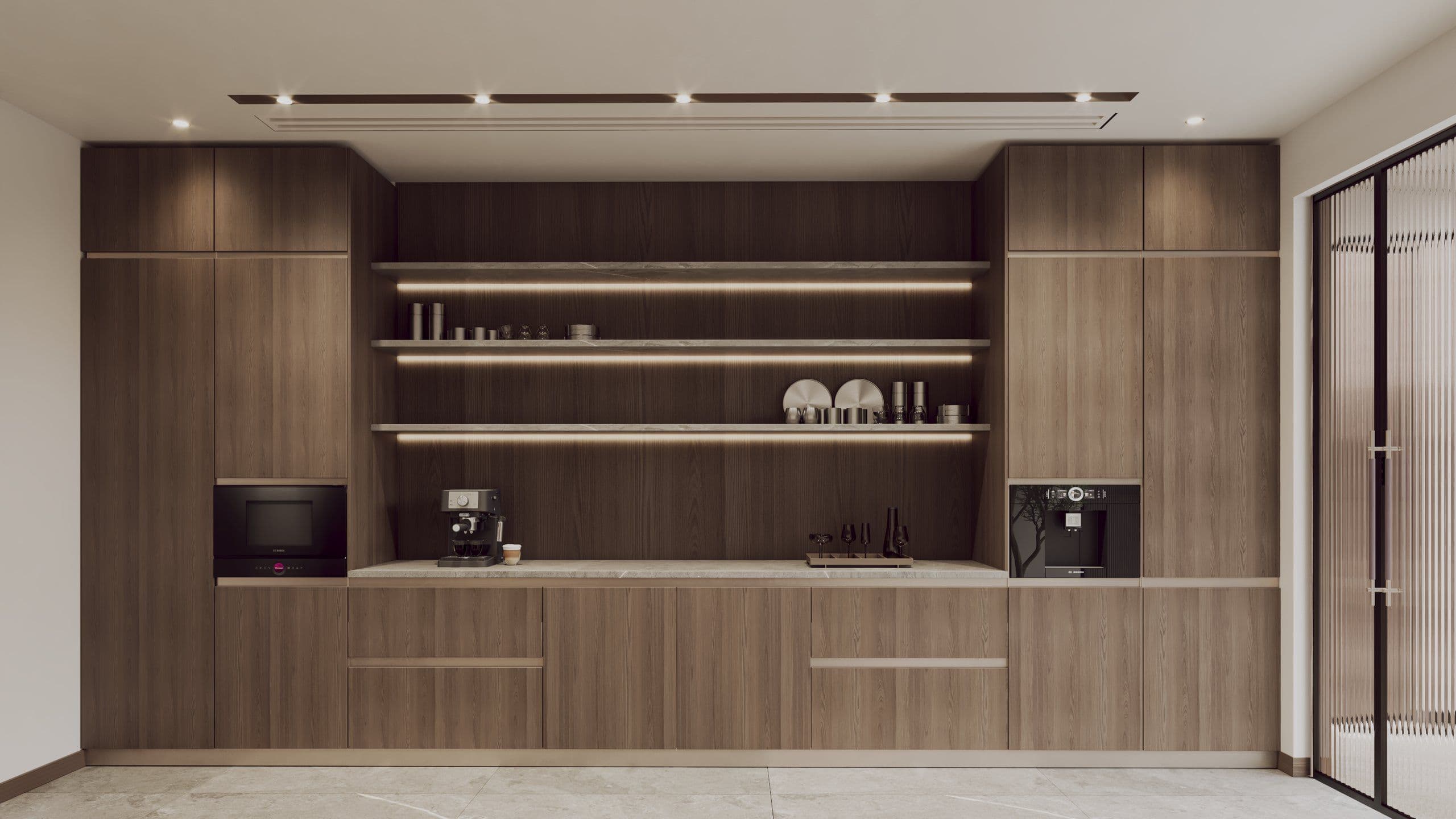 Pantry with timber joinery, open shelving and two coffee machines
