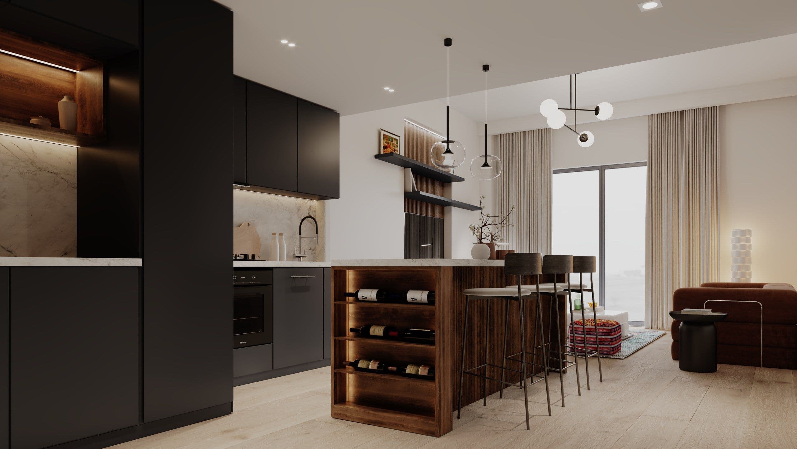 Kitchen with black cabinetry, a timber island and a wine rack