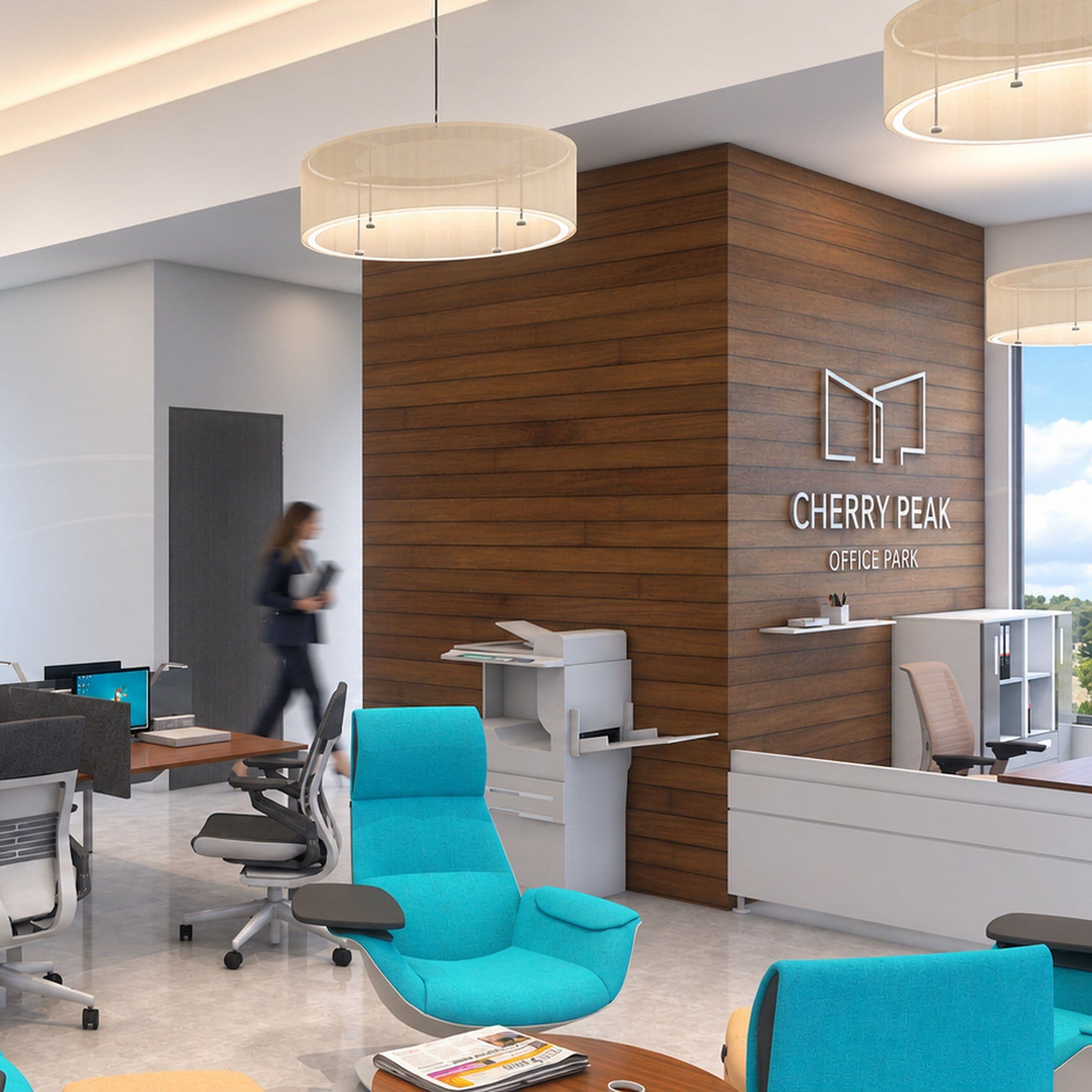 Reception with a timber feature wall carrying the Cherry Peak logo