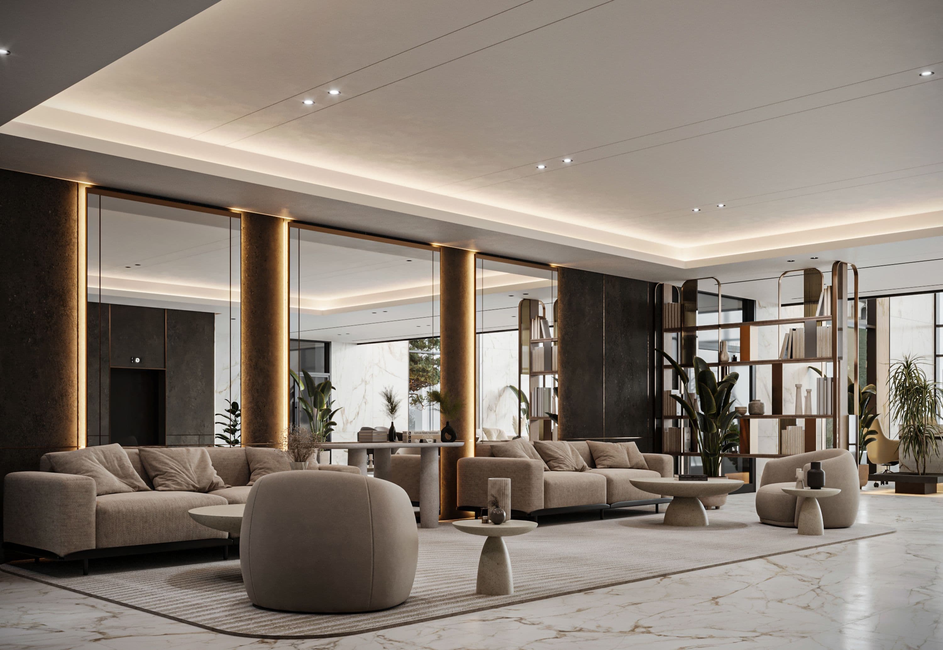 Double height lobby lounge with timber columns, boucle seating and open shelving