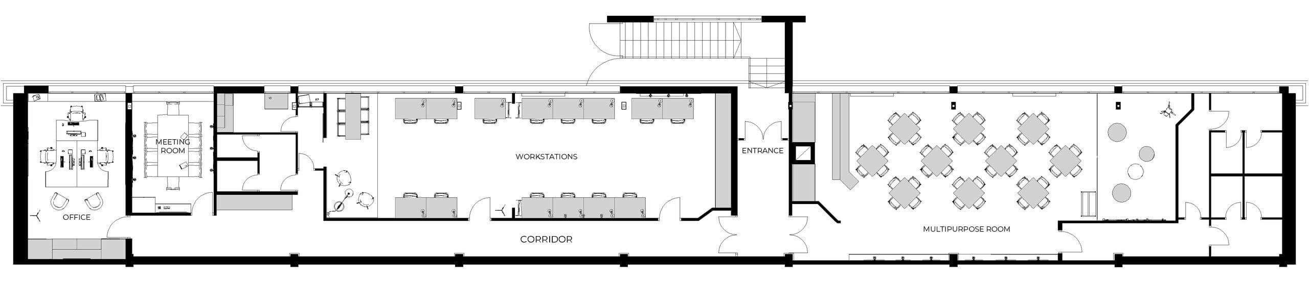 Floor plan of the Talent Hub coworking space, with the office, meeting room, workstations, corridor and multipurpose room