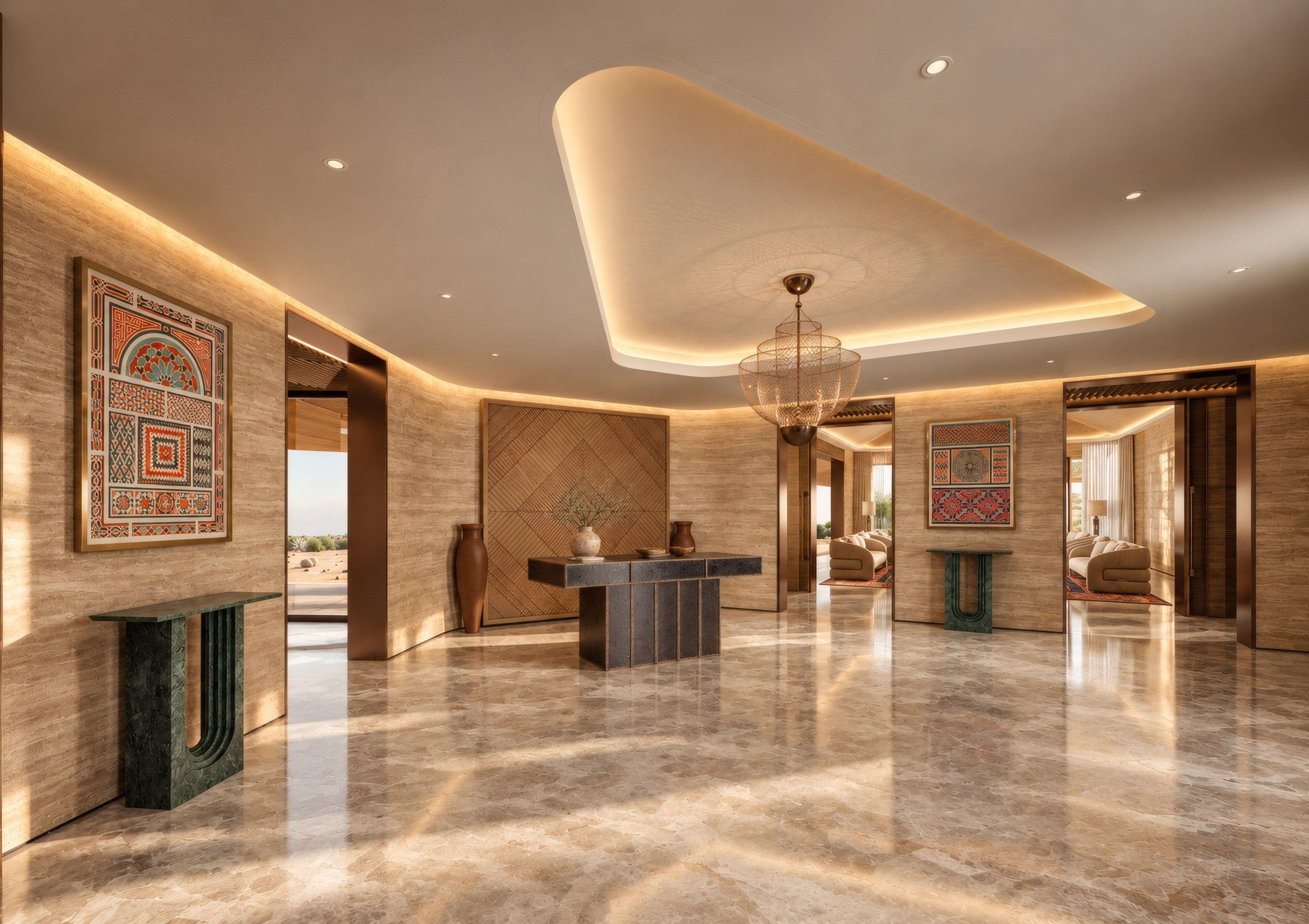 Reception hall in travertine with a sculptural ceiling, framed textiles and a stone console