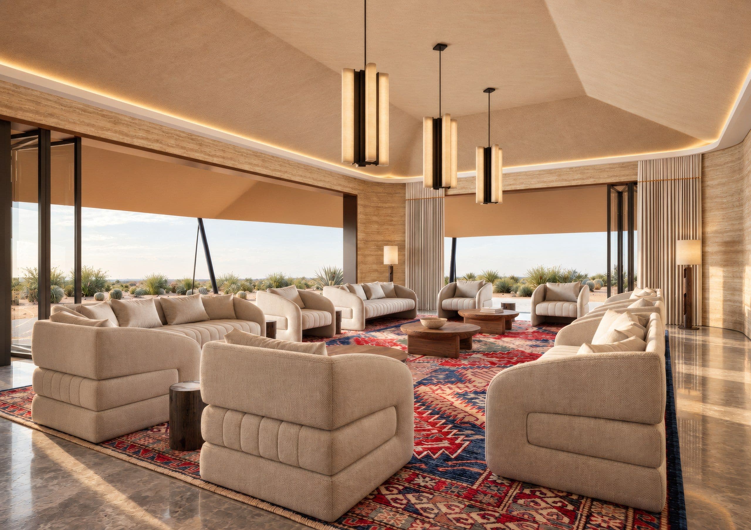 Majlis with cream seating, a patterned rug and glazing onto the desert