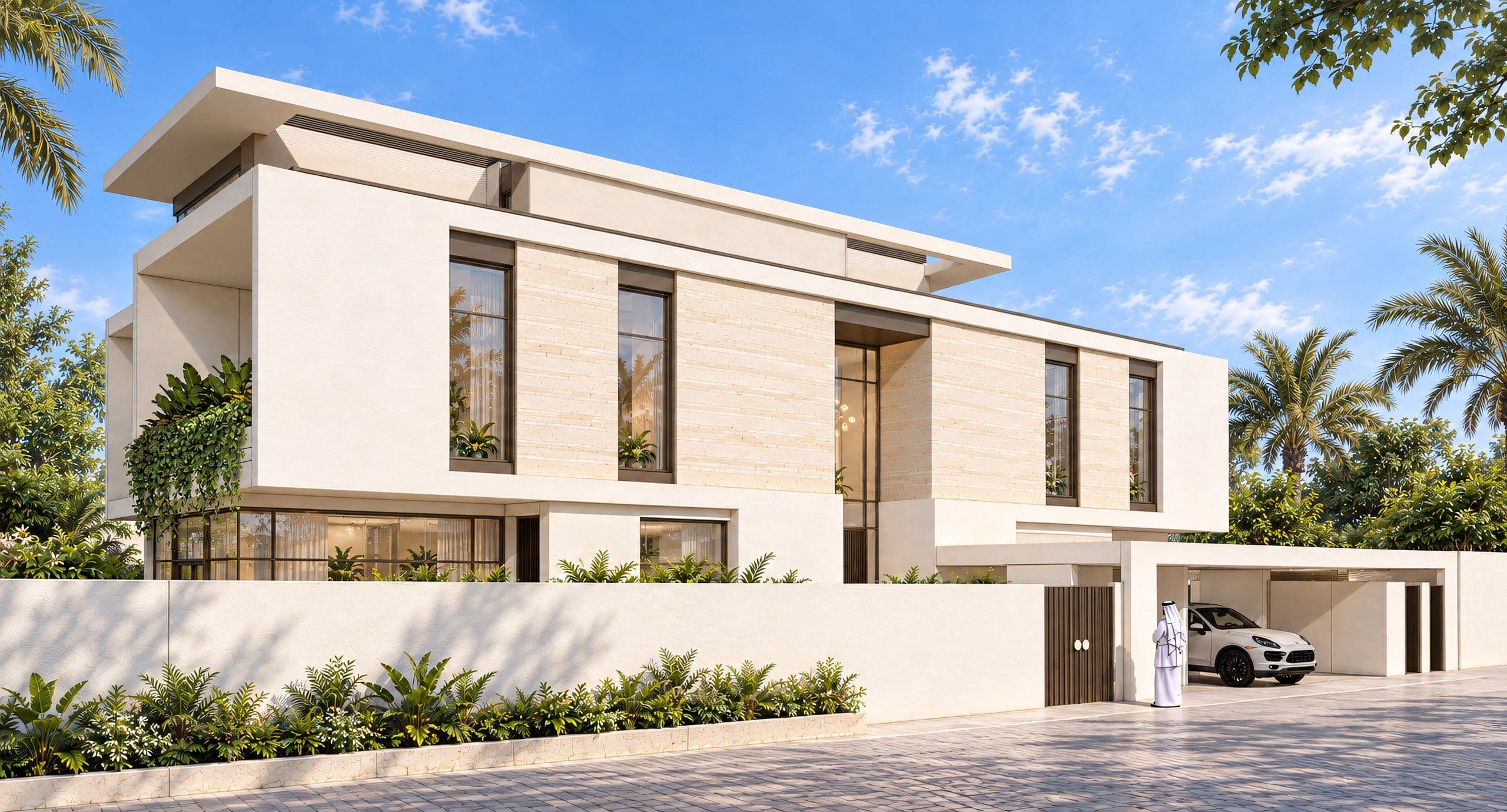 Side elevation of the villa with stone cladding and palms