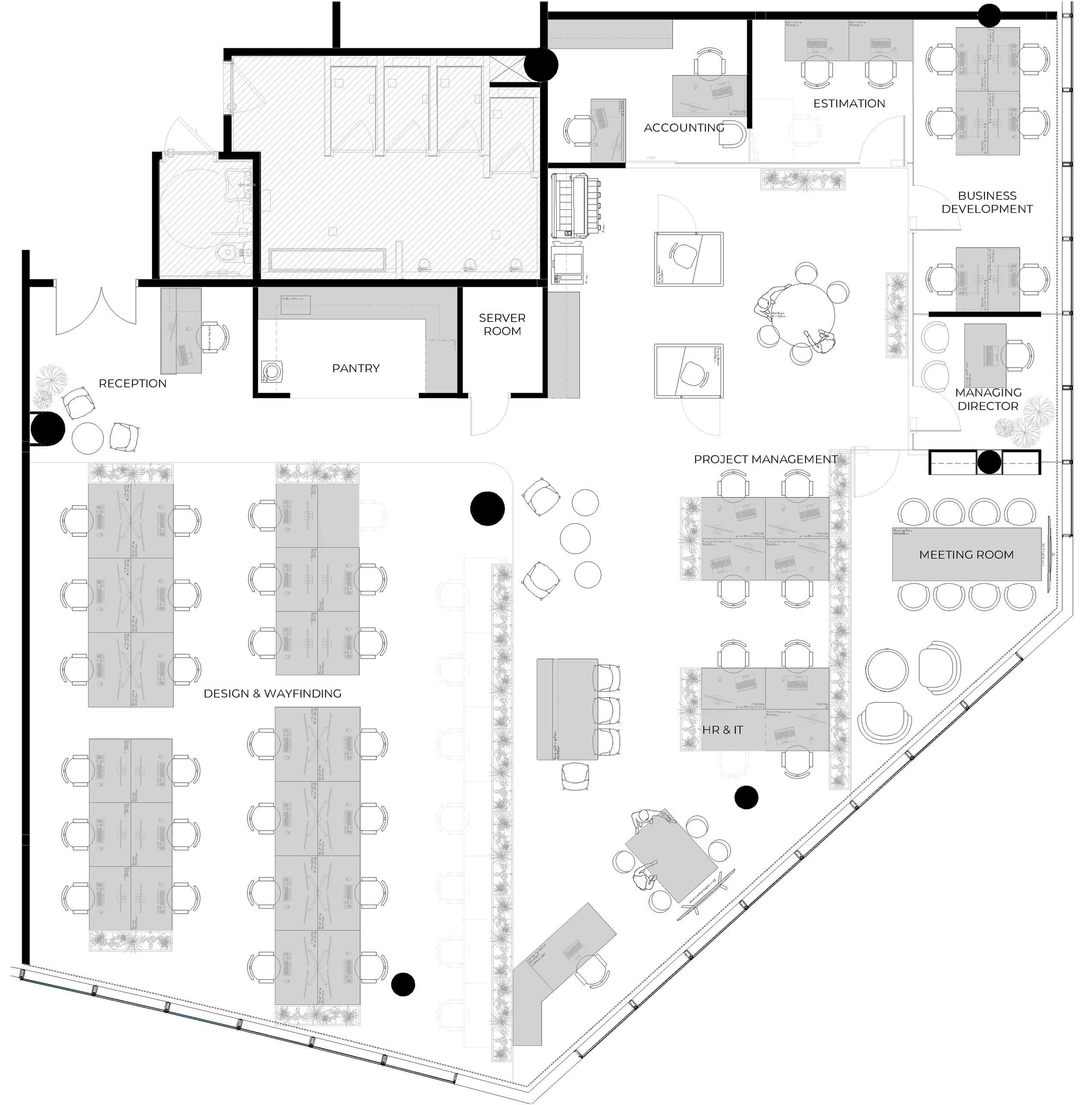 Floor plan of the Dezigntechnic office, with reception, pantry, meeting rooms, design and draughting and project management