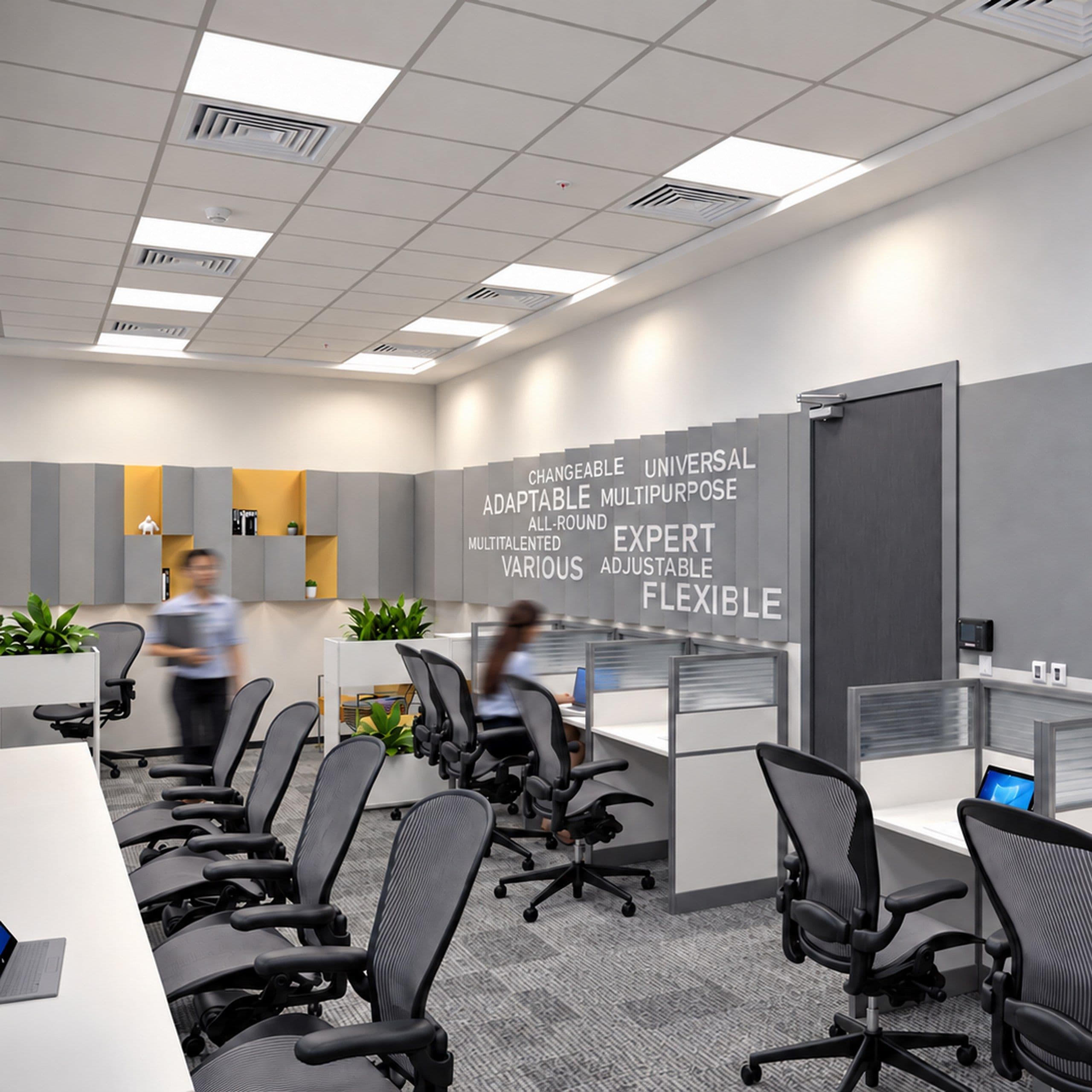 Workstations with grey acoustic panelling and the brand words on the wall