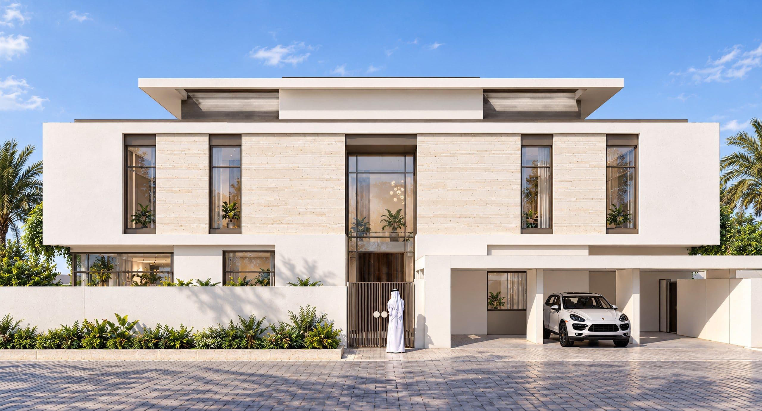 Front elevation with the entrance, driveway and planted boundary