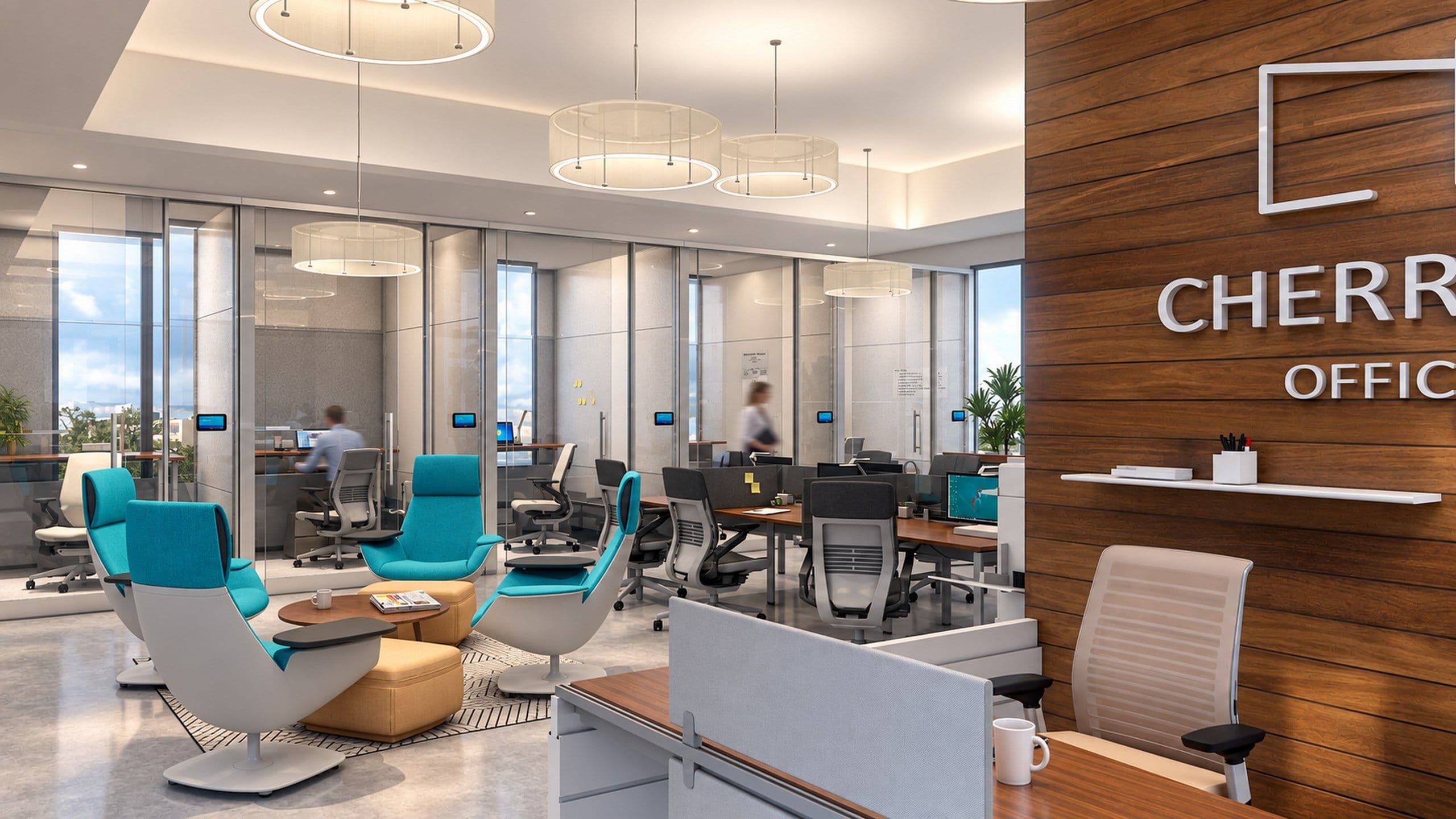 Open plan office with teal armchairs and a timber branded wall