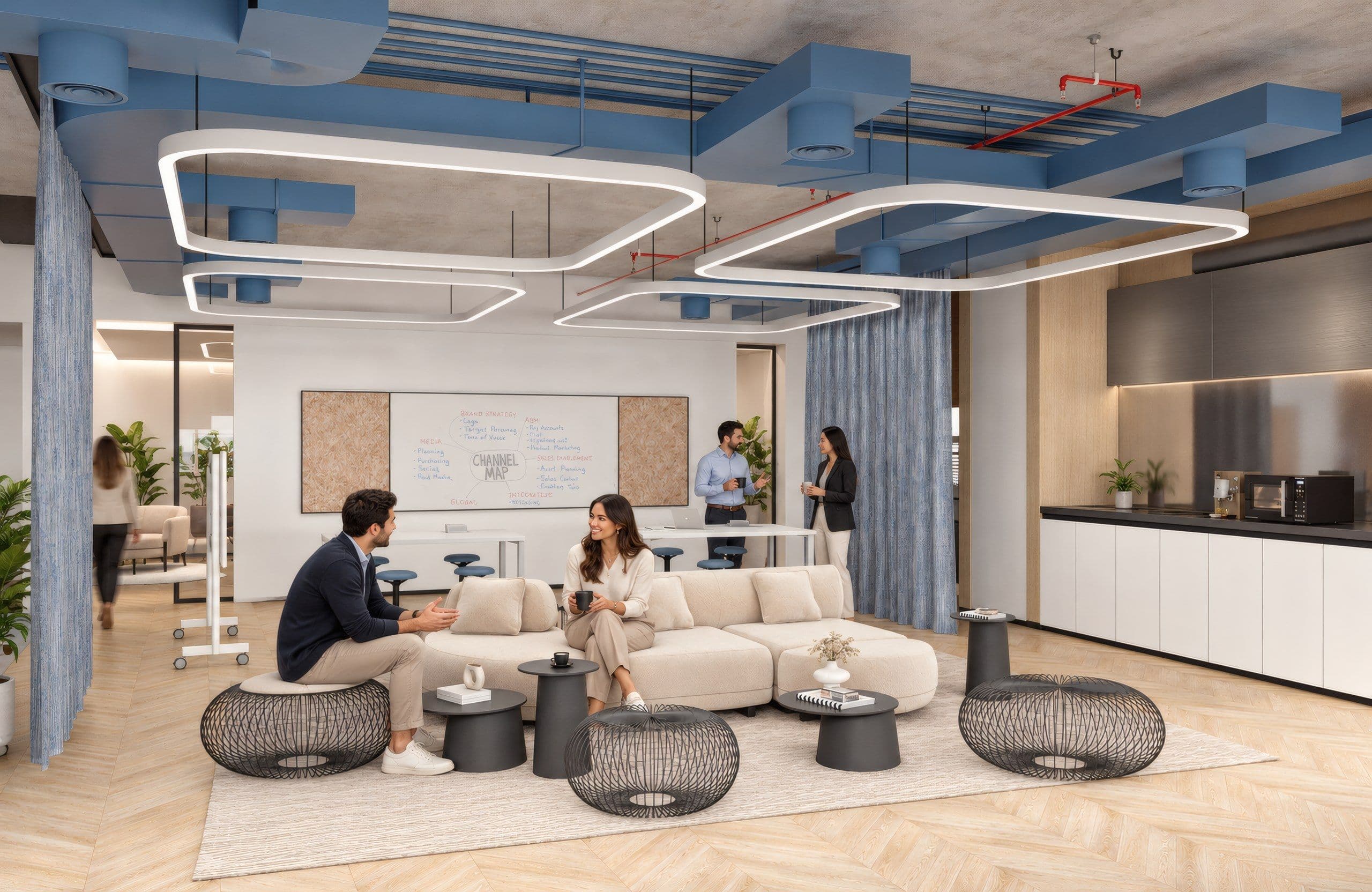 Lounge with sculptural ring lights, cream seating and exposed blue services