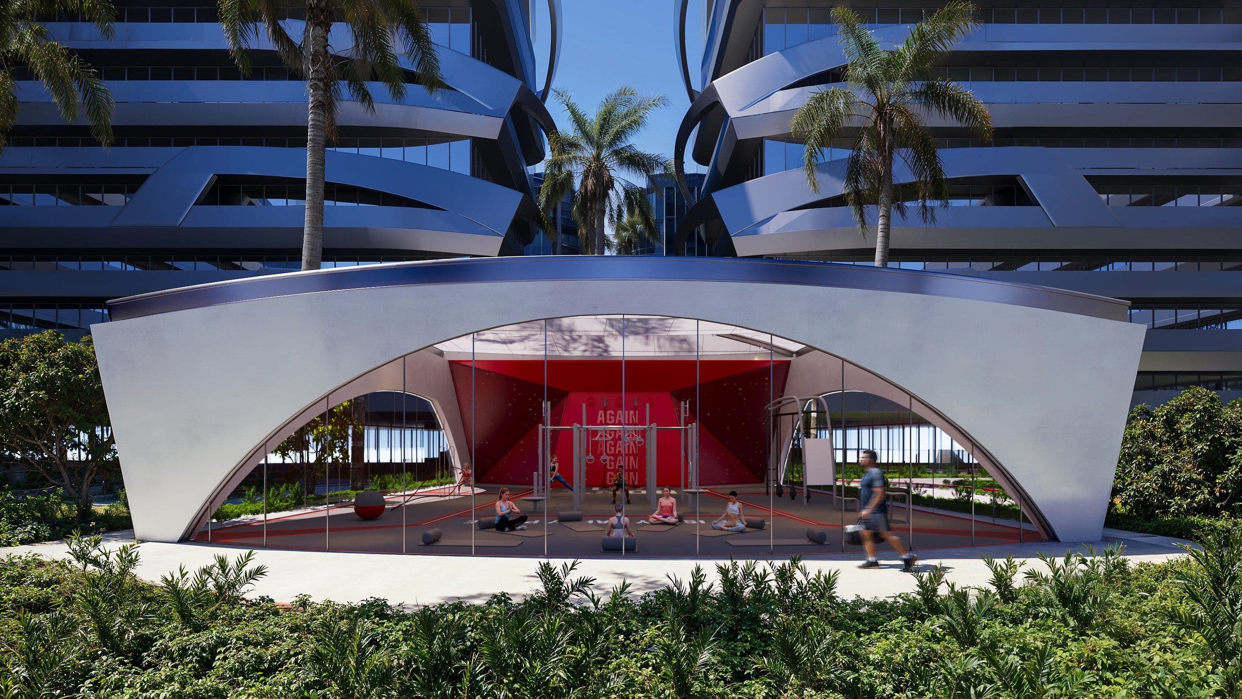 Curved white canopy over a red lined entrance pavilion