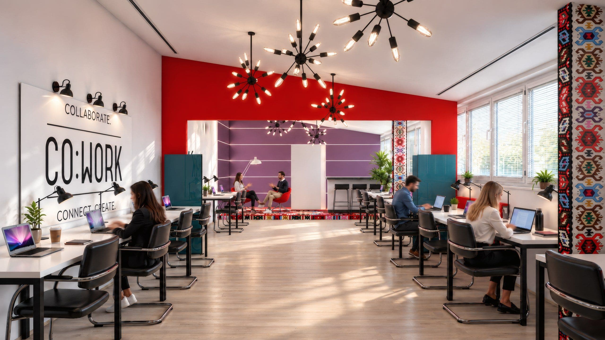 Coworking floor with a red wall, a Co:Work graphic and desks along the windows