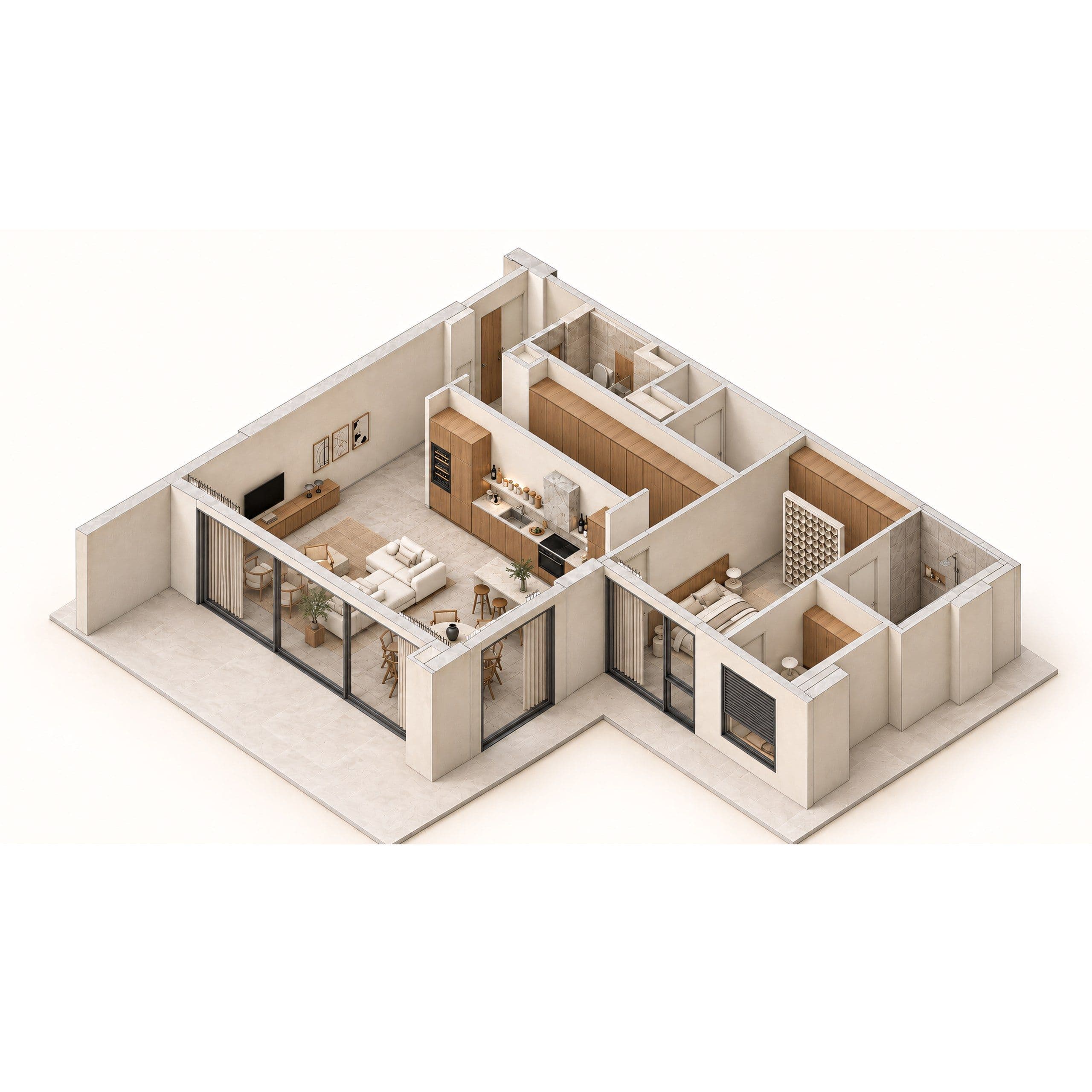 Cutaway three dimensional view of the apartment layout with the furniture in place