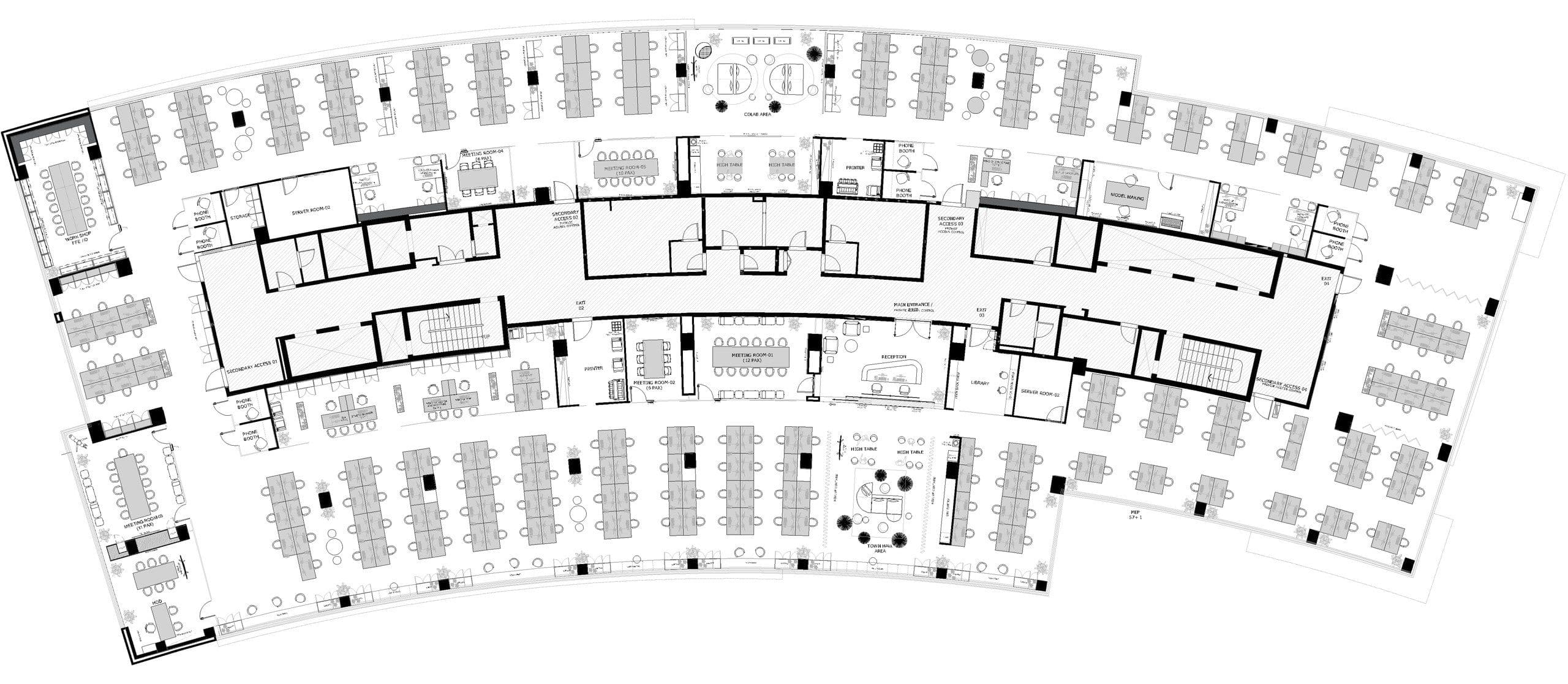 Floor plan of the design and engineering office, curved across the floor plate