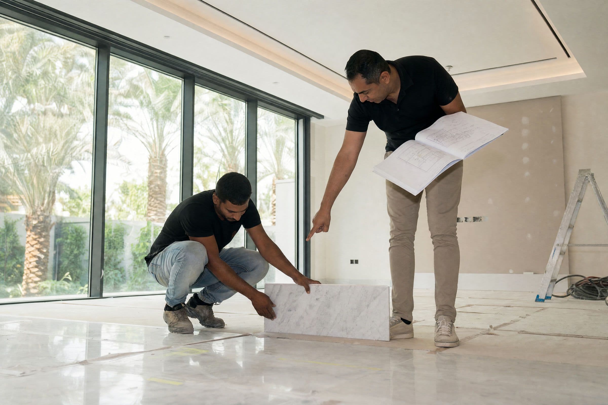 A worker holds a marble sample to the floor of a villa under fit out in Dubai while a designer checks the drawing