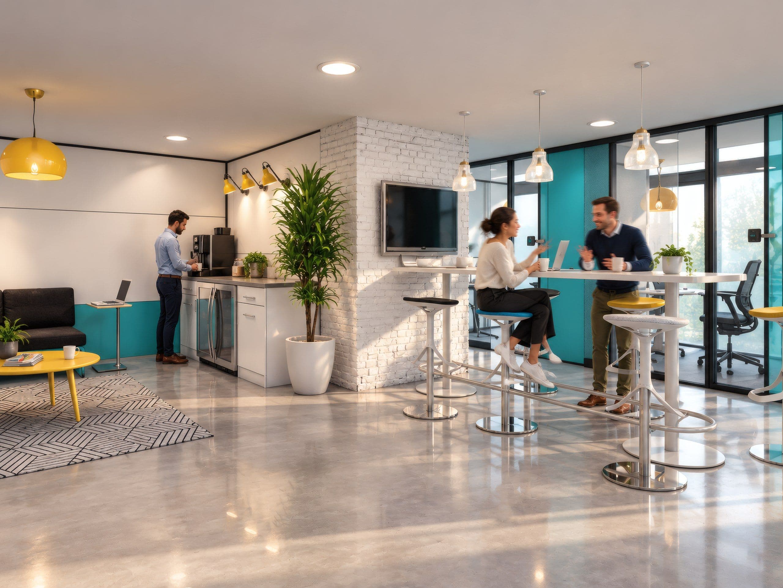 Pantry and standing table area under yellow pendant lights