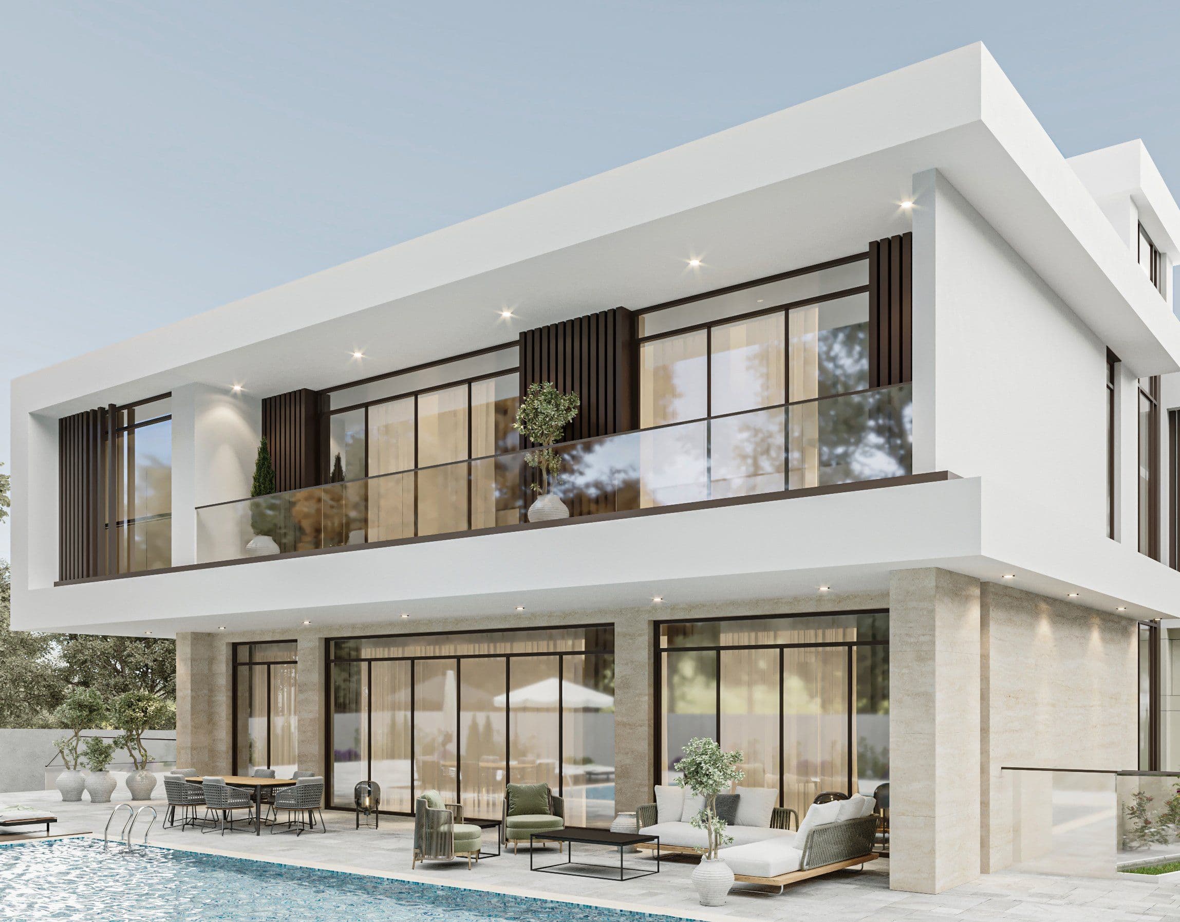 Rear terrace and pool with the living spaces opening onto it through full height glazing