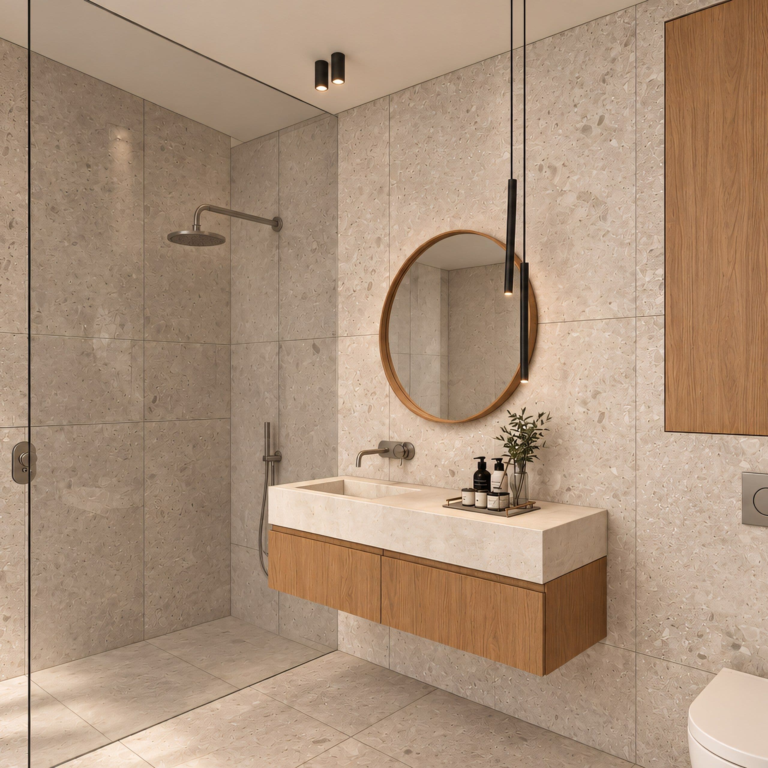 Shower room with stone tiling, a round mirror and a wall hung oak vanity